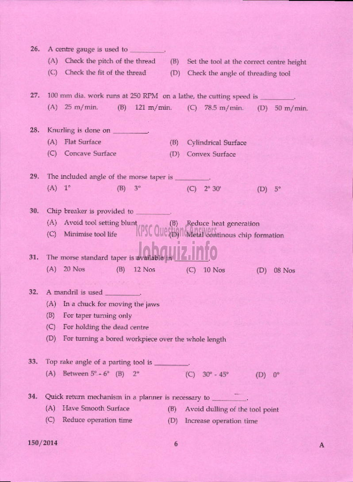 Kerala PSC Question Paper - TRADESMAN MACHINIST TECHNICAL EDUCATION KTM AND TSR-4