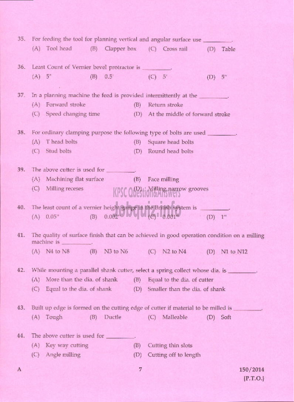 Kerala PSC Question Paper - TRADESMAN MACHINIST TECHNICAL EDUCATION KTM AND TSR-5