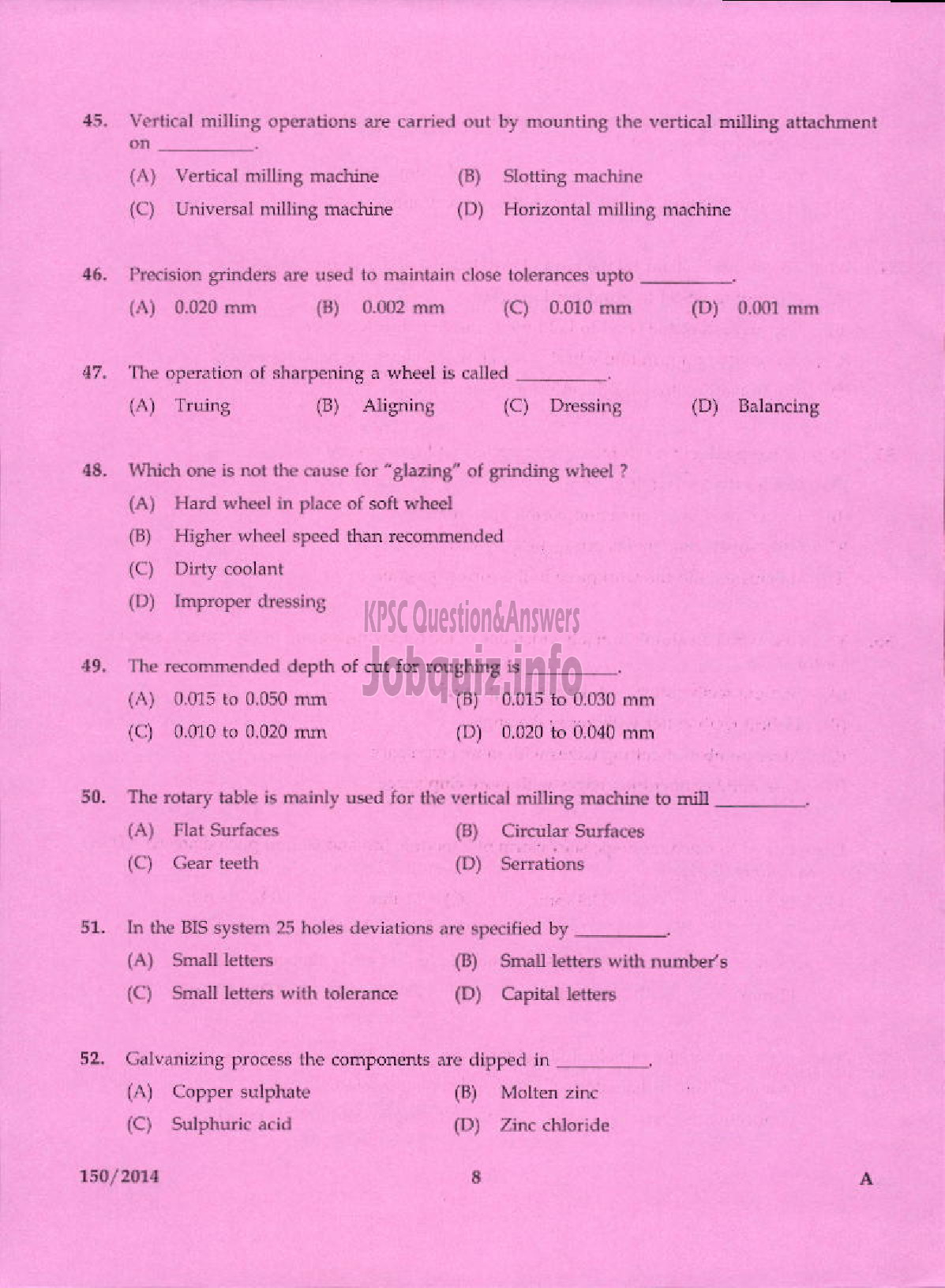 Kerala PSC Question Paper - TRADESMAN MACHINIST TECHNICAL EDUCATION KTM AND TSR-6