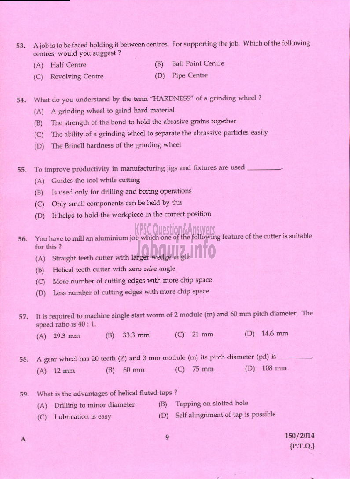 Kerala PSC Question Paper - TRADESMAN MACHINIST TECHNICAL EDUCATION KTM AND TSR-7