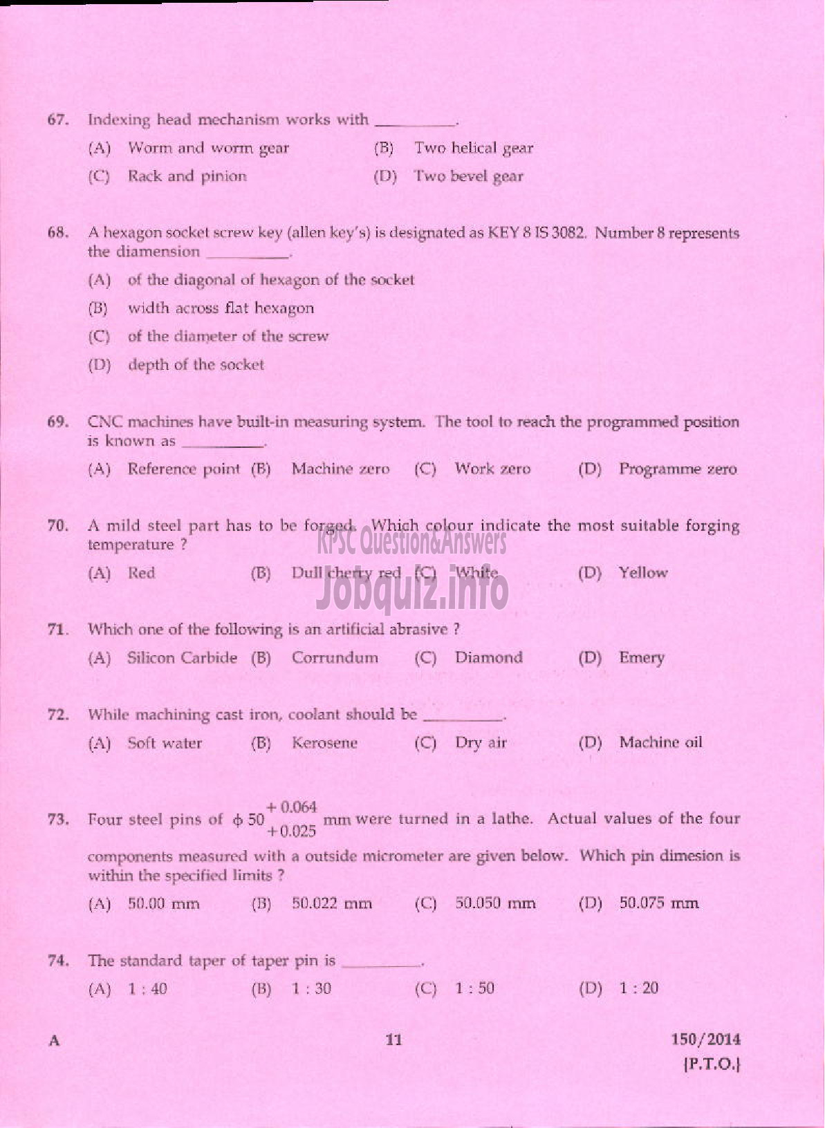 Kerala PSC Question Paper - TRADESMAN MACHINIST TECHNICAL EDUCATION KTM AND TSR-9