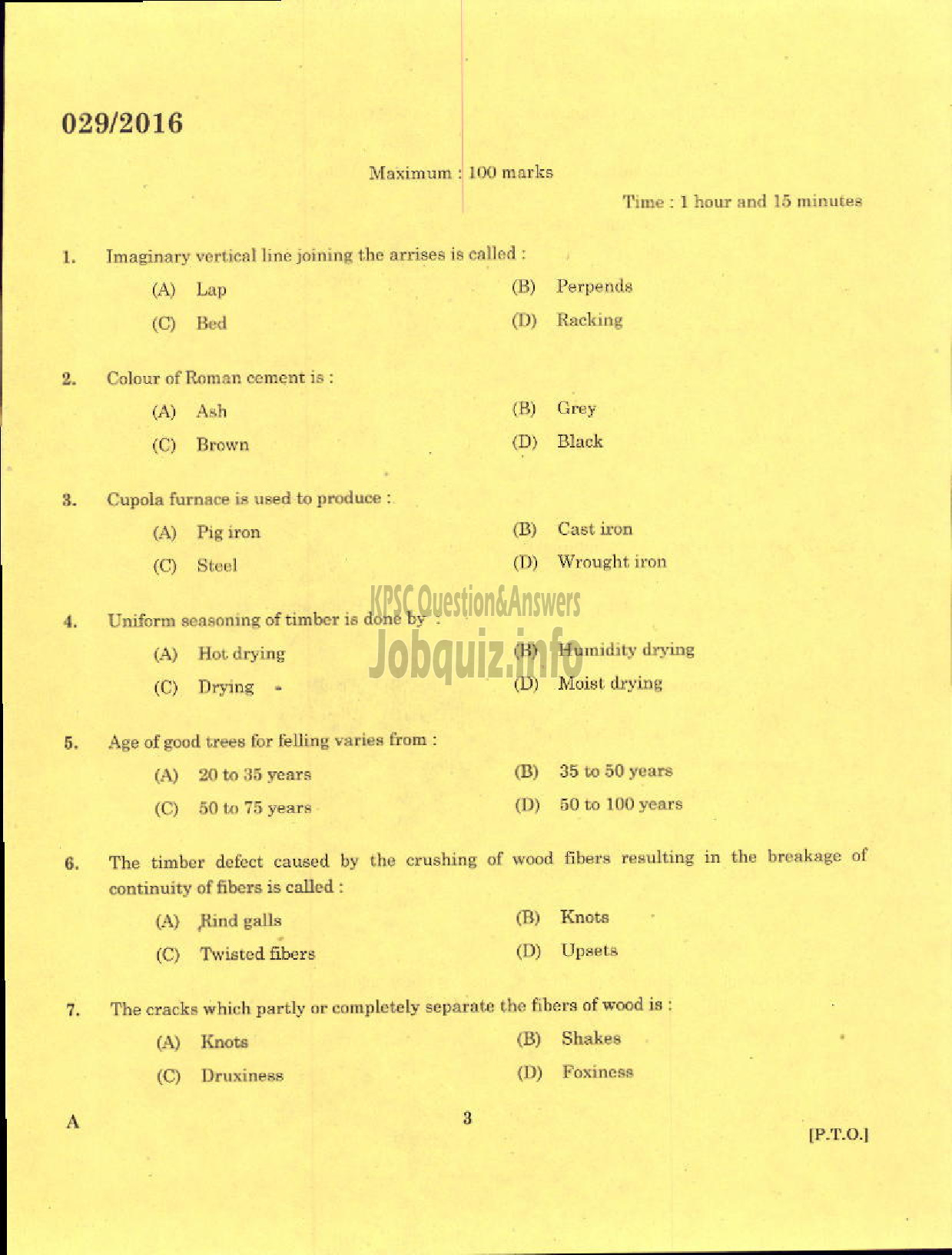 Kerala PSC Question Paper - TRADESMAN MASONARY TECHNICAL EDUCATION-1