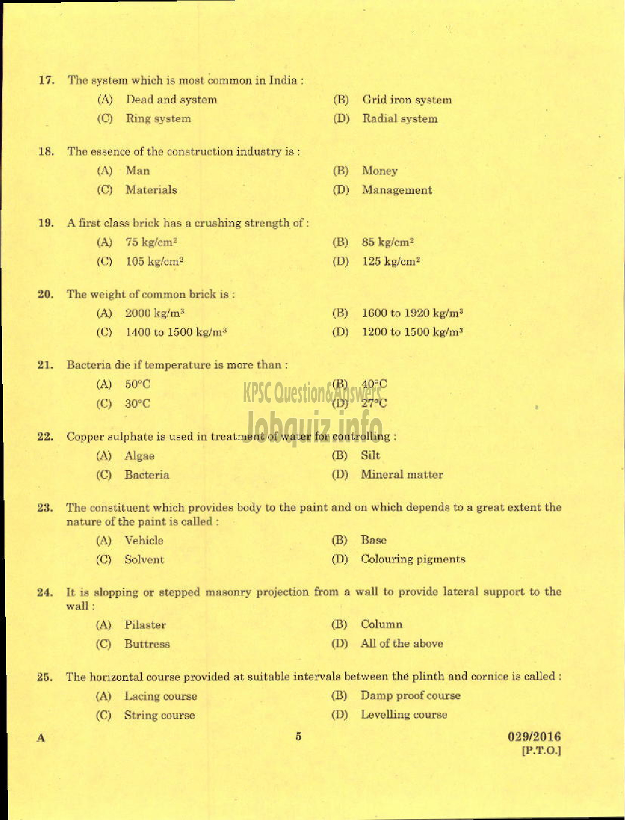 Kerala PSC Question Paper - TRADESMAN MASONARY TECHNICAL EDUCATION-3