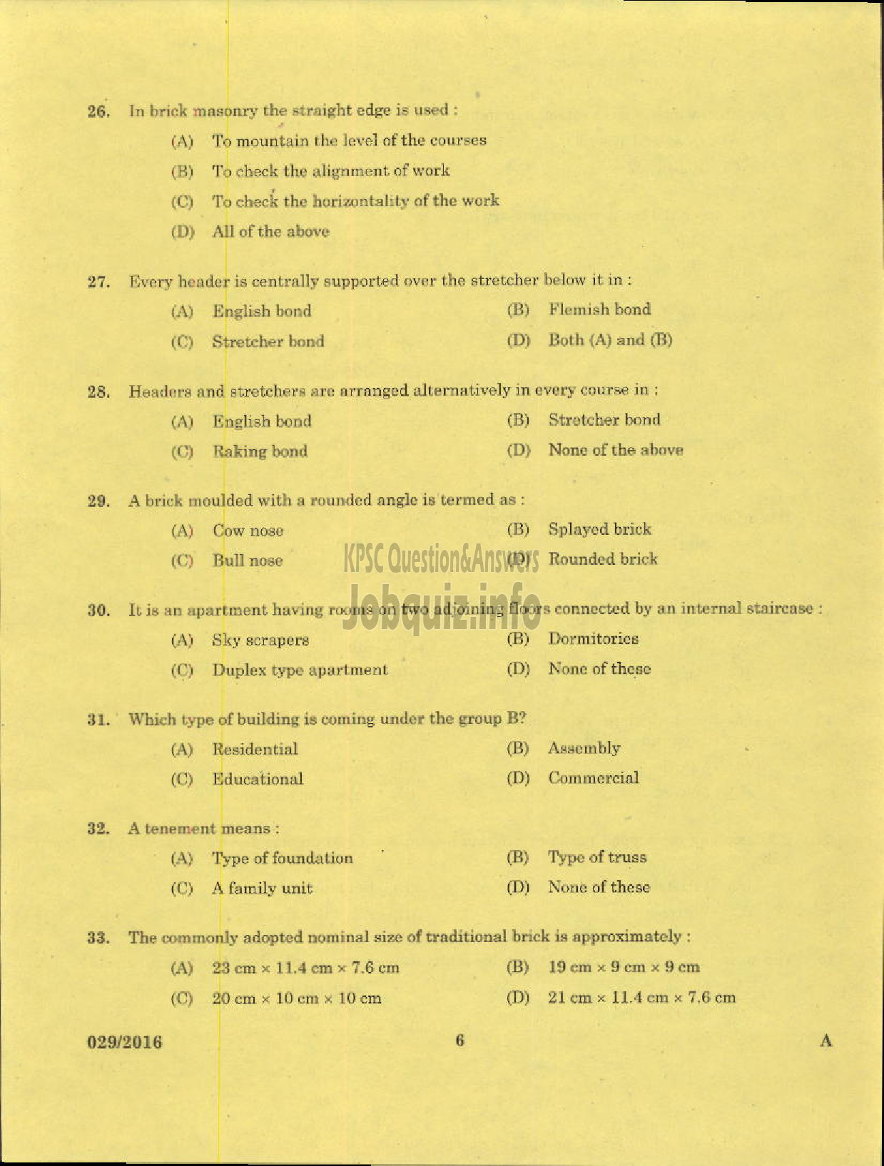 Kerala PSC Question Paper - TRADESMAN MASONARY TECHNICAL EDUCATION-4