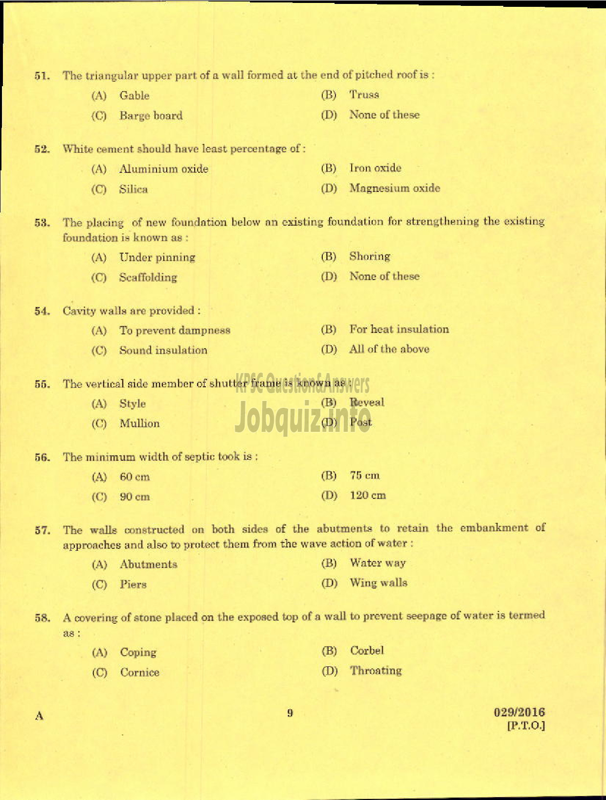 Kerala PSC Question Paper - TRADESMAN MASONARY TECHNICAL EDUCATION-7