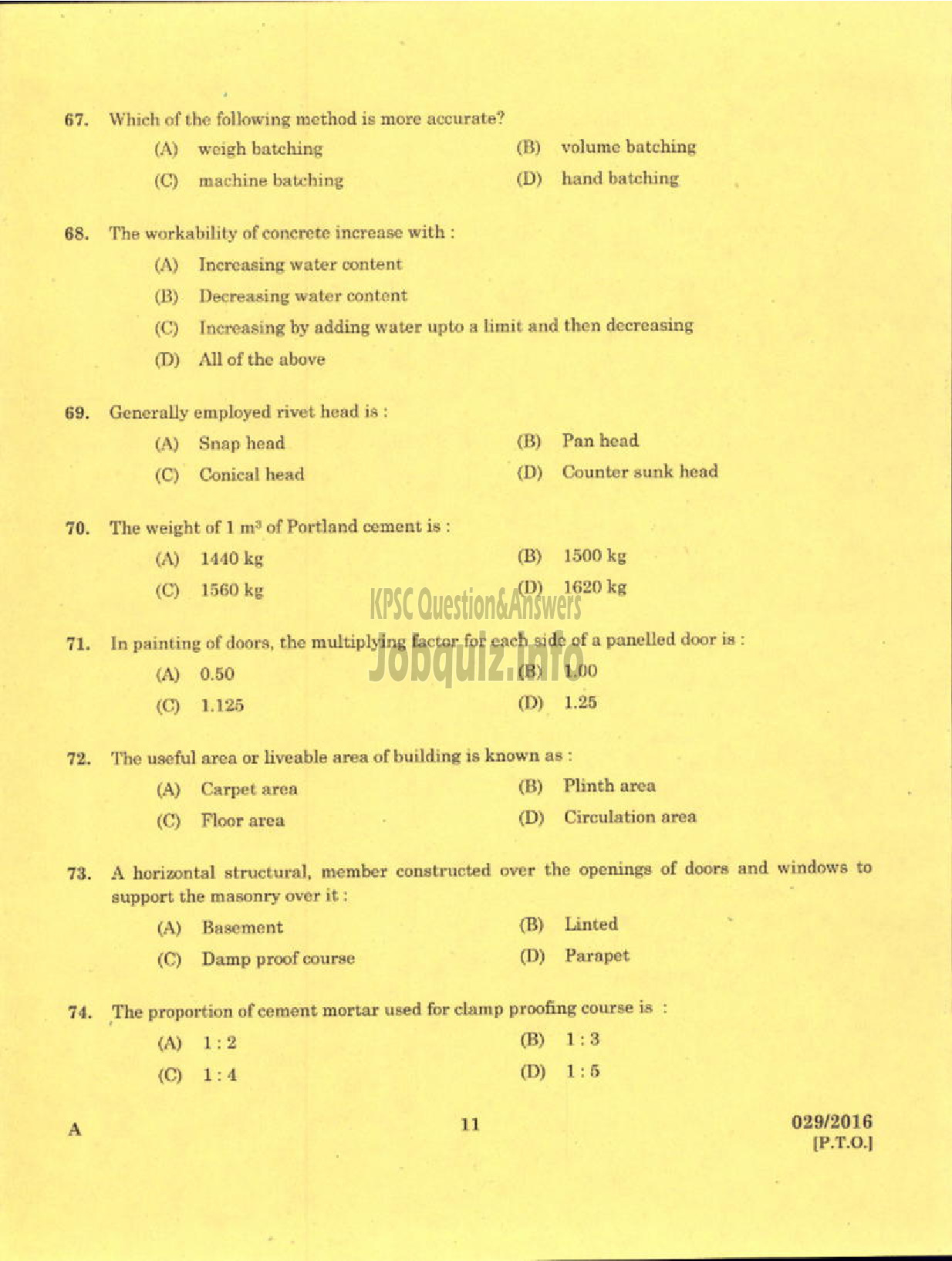 Kerala PSC Question Paper - TRADESMAN MASONARY TECHNICAL EDUCATION-9