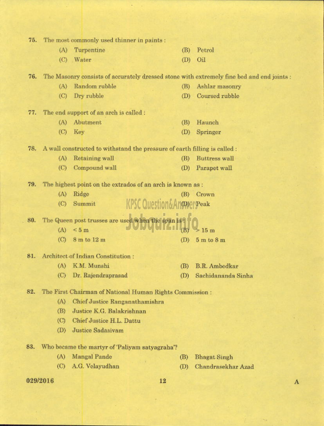 Kerala PSC Question Paper - TRADESMAN MASONARY TECHNICAL EDUCATION-10