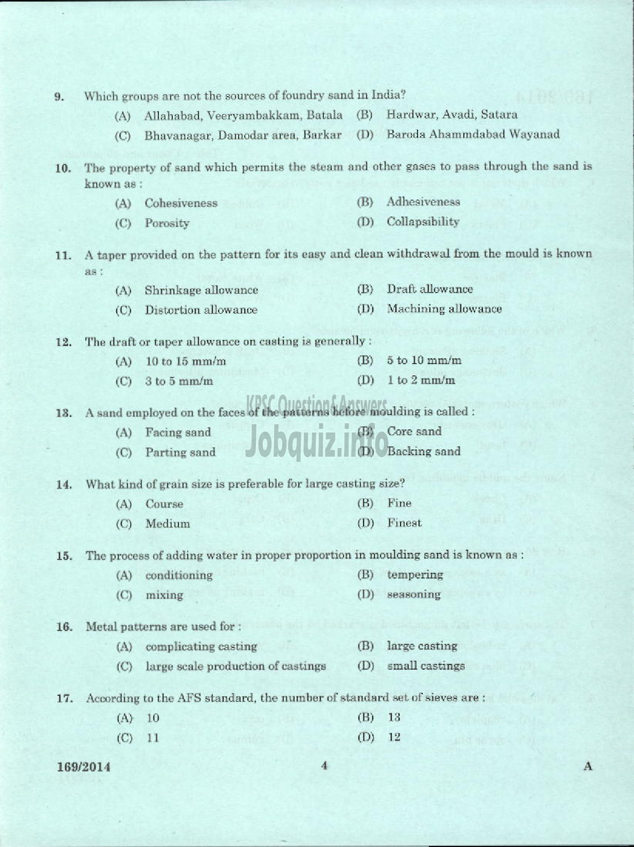 Kerala PSC Question Paper - TRADESMAN MOULDING AND FOUNDRY TECHNICAL EDUCATION TVPM PTA KTM AND TSR-2