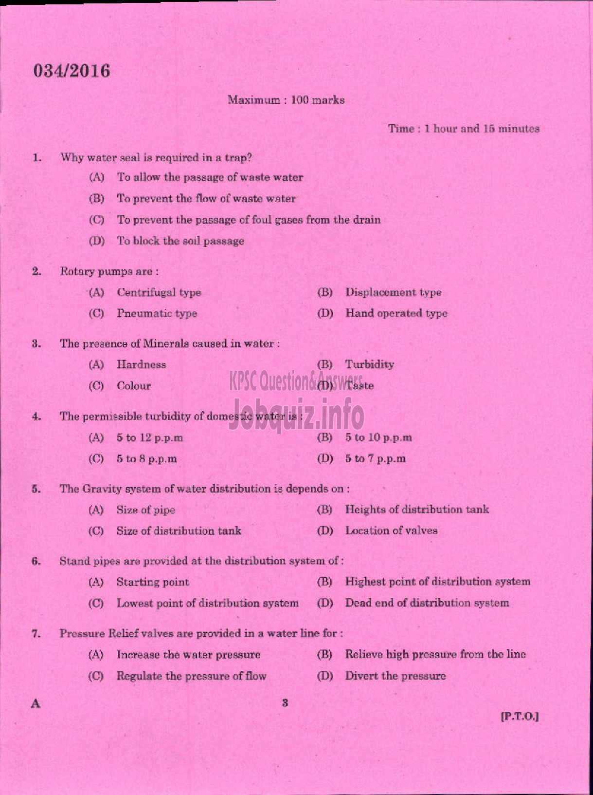 Kerala PSC Question Paper - TRADESMAN PLUMBER TECHNICAL EDUCATION-1