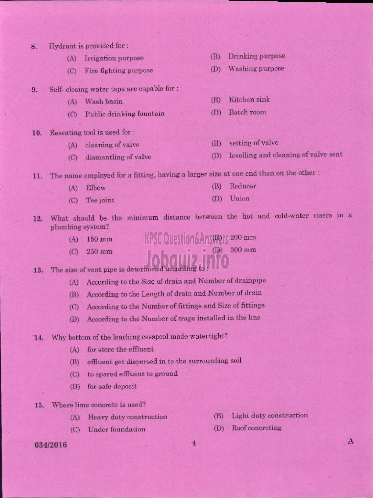 Kerala PSC Question Paper - TRADESMAN PLUMBER TECHNICAL EDUCATION-2