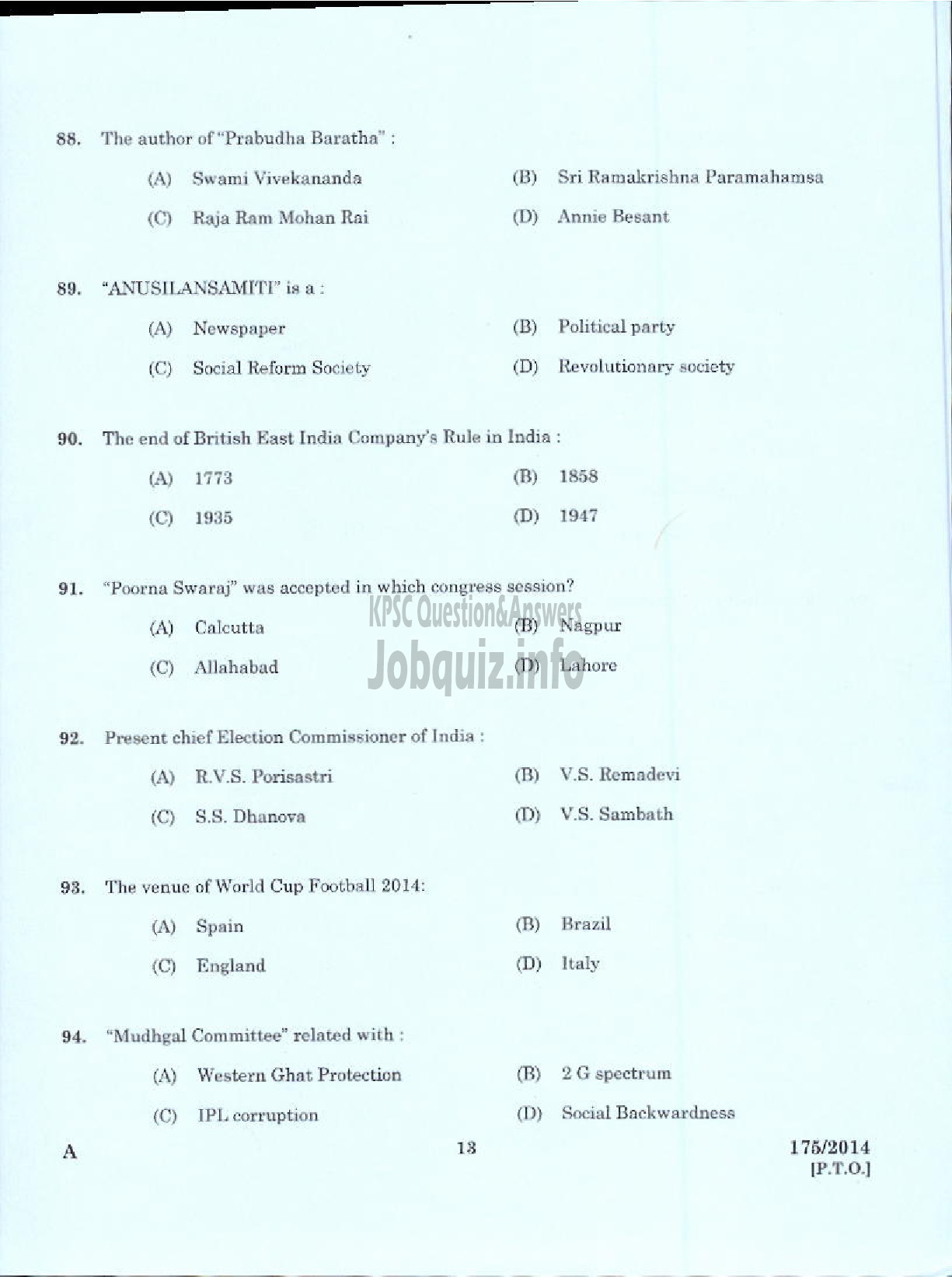 Kerala PSC Question Paper - TRADESMAN PLUMBING/HYDRAULICS TECHNICAL EDUCATION KTM/EKM/TSR/KNR-11