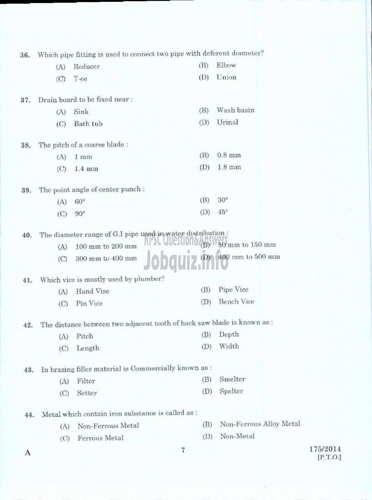 Kerala PSC Question Paper - TRADESMAN PLUMBING/HYDRAULICS TECHNICAL EDUCATION KTM/EKM/TSR/KNR-5