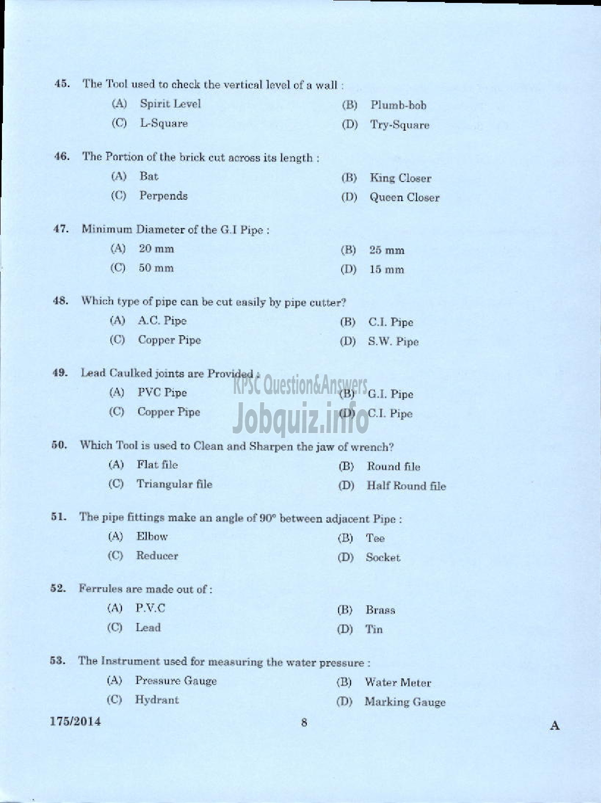 Kerala PSC Question Paper - TRADESMAN PLUMBING/HYDRAULICS TECHNICAL EDUCATION KTM/EKM/TSR/KNR-6