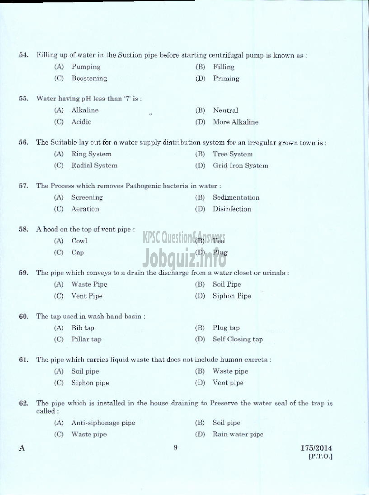 Kerala PSC Question Paper - TRADESMAN PLUMBING/HYDRAULICS TECHNICAL EDUCATION KTM/EKM/TSR/KNR-7