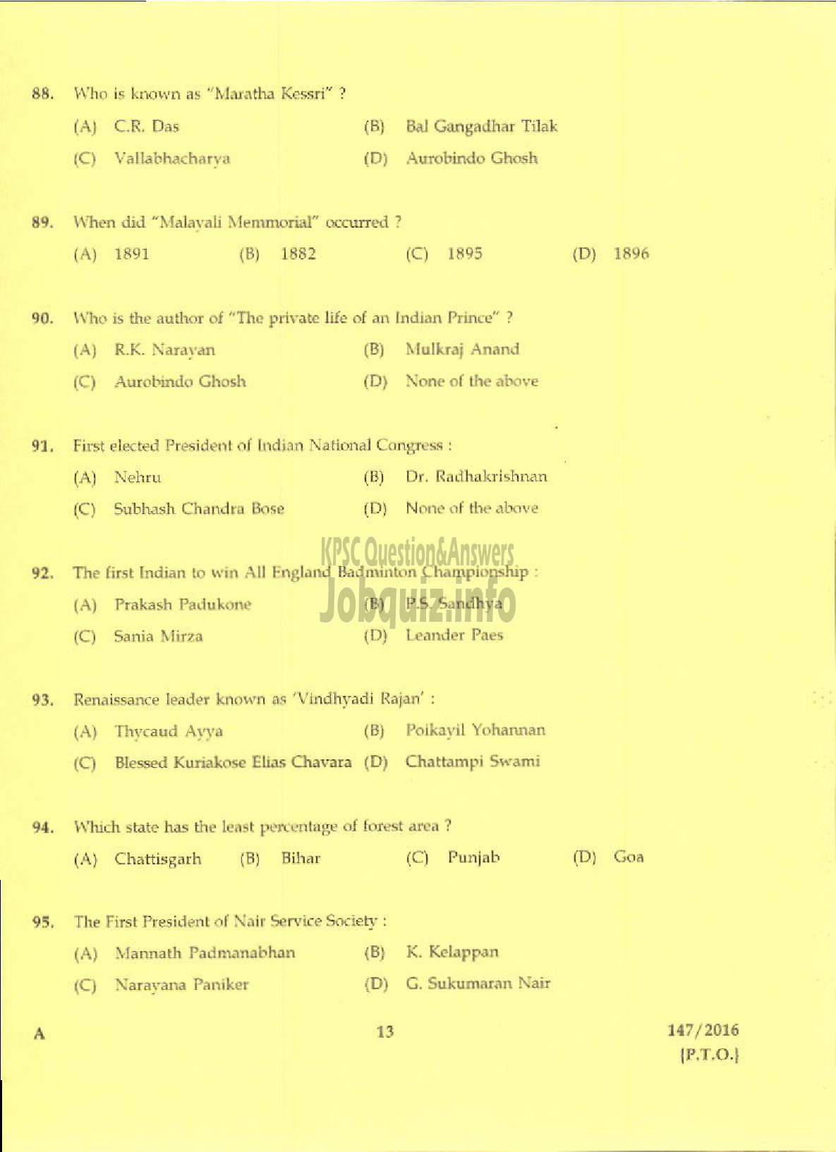 Kerala PSC Question Paper - TRADESMAN PLUMBING TECHNICAL EDUCATION/PLUMBER KWA-11
