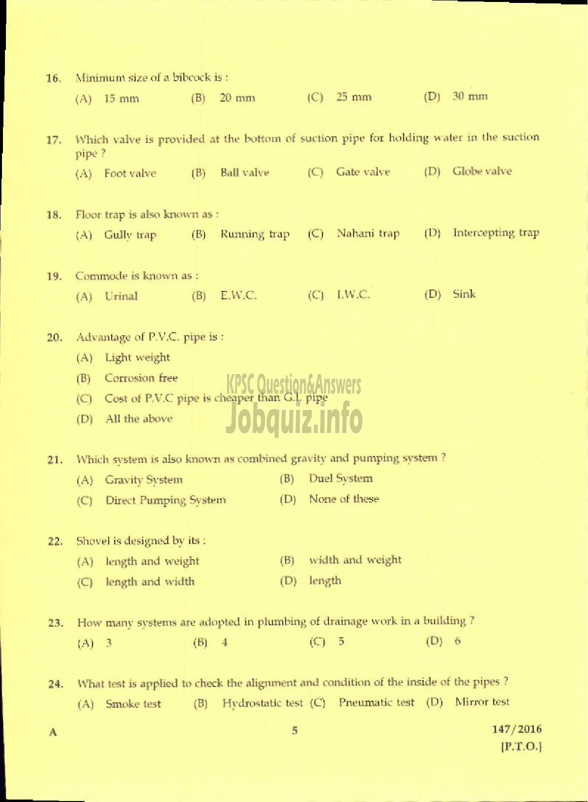 Kerala PSC Question Paper - TRADESMAN PLUMBING TECHNICAL EDUCATION/PLUMBER KWA-3