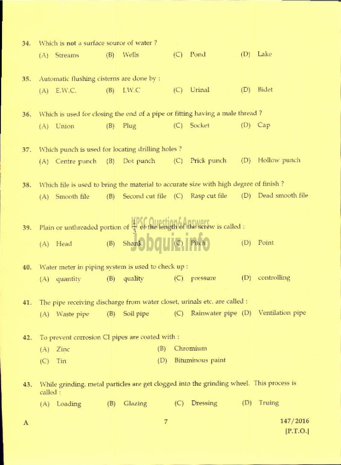 Kerala PSC Question Paper - TRADESMAN PLUMBING TECHNICAL EDUCATION/PLUMBER KWA-5