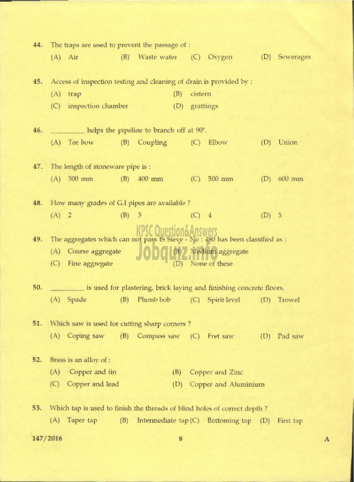 Kerala PSC Question Paper - TRADESMAN PLUMBING TECHNICAL EDUCATION/PLUMBER KWA-6