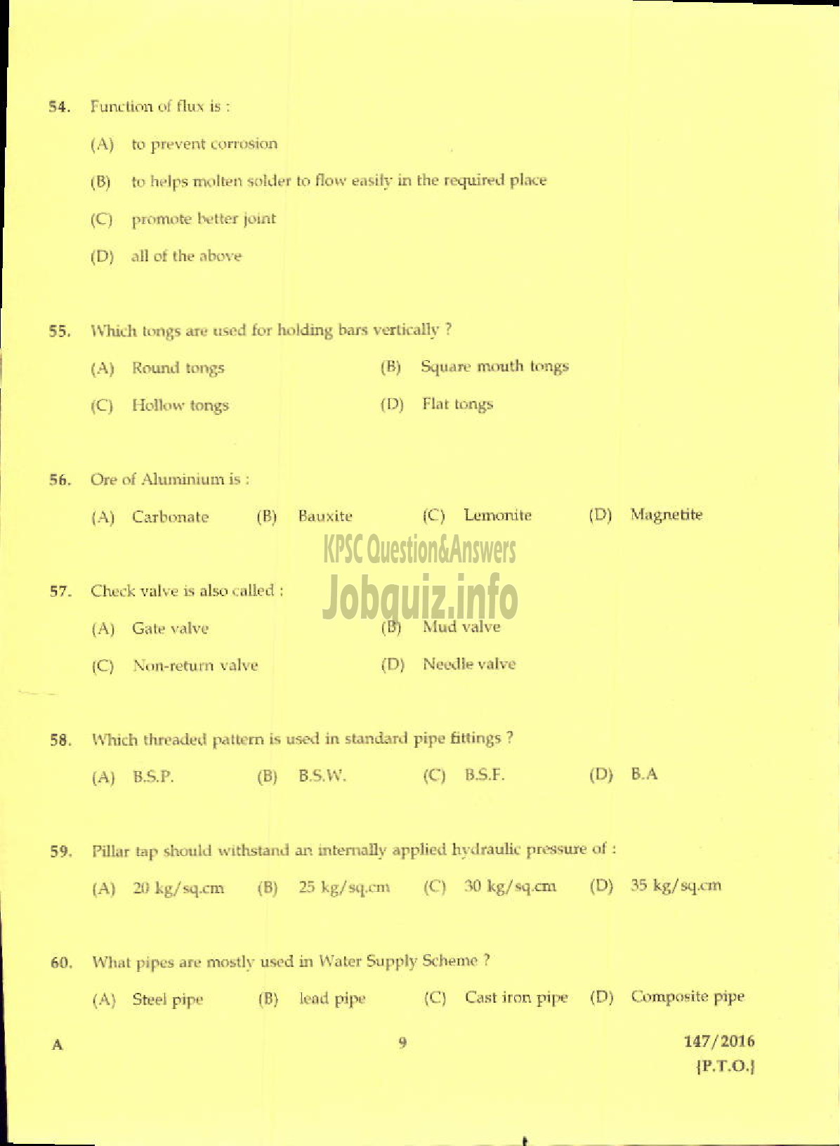 Kerala PSC Question Paper - TRADESMAN PLUMBING TECHNICAL EDUCATION/PLUMBER KWA-7