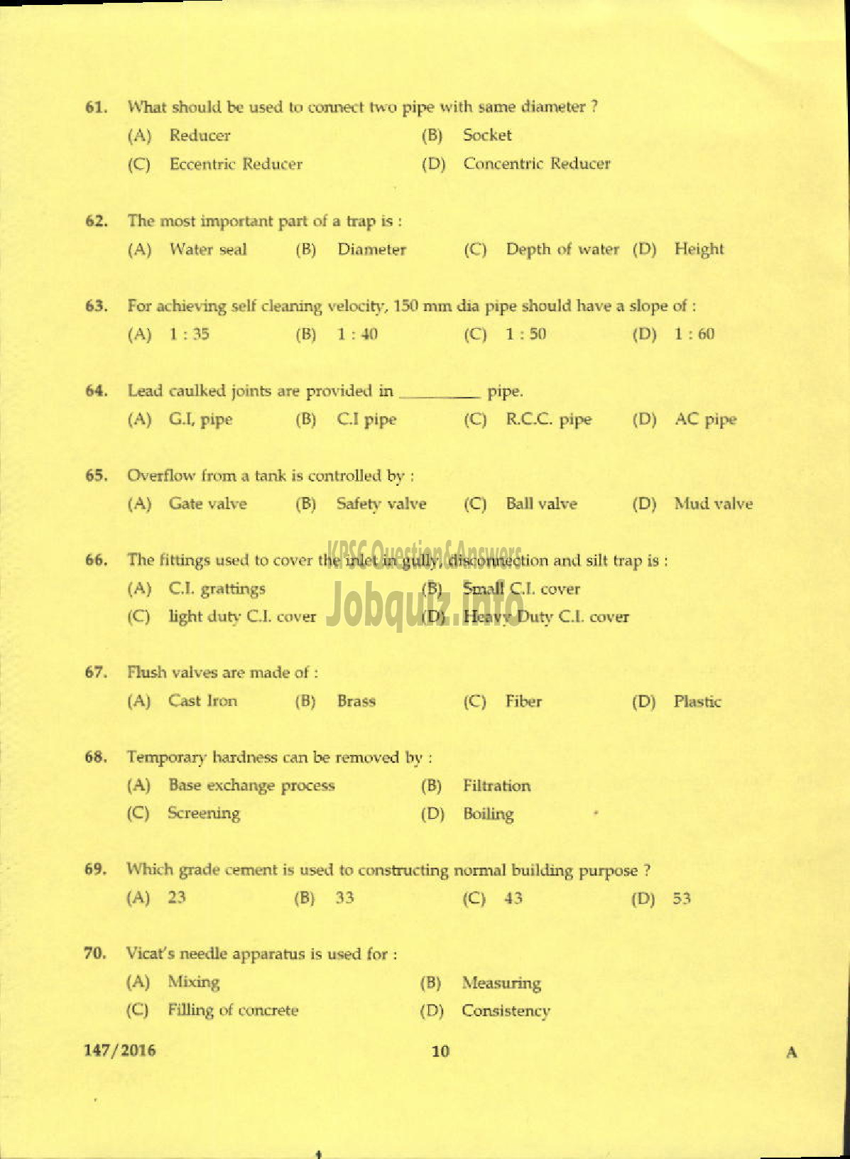 Kerala PSC Question Paper - TRADESMAN PLUMBING TECHNICAL EDUCATION/PLUMBER KWA-8