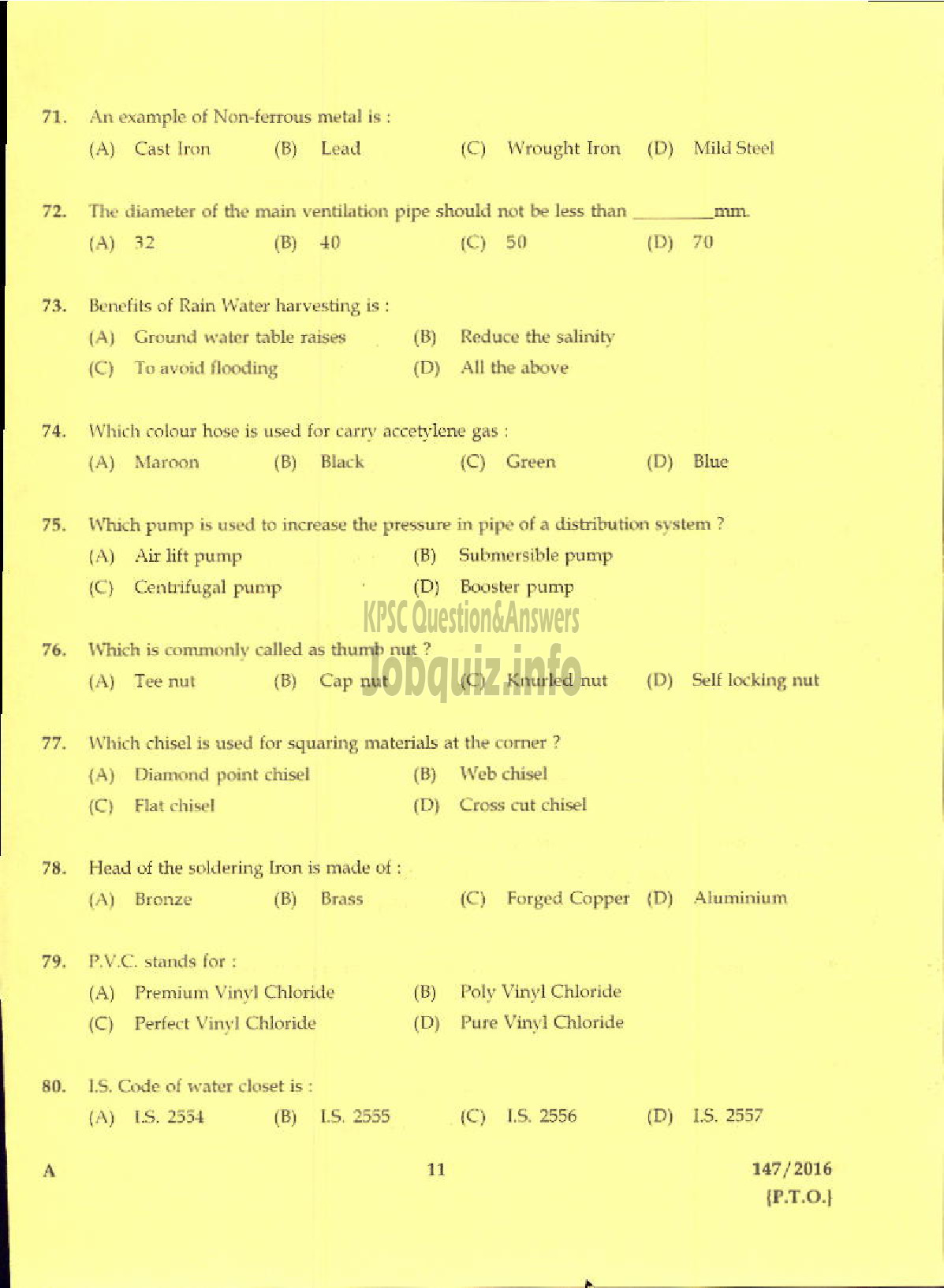 Kerala PSC Question Paper - TRADESMAN PLUMBING TECHNICAL EDUCATION/PLUMBER KWA-9