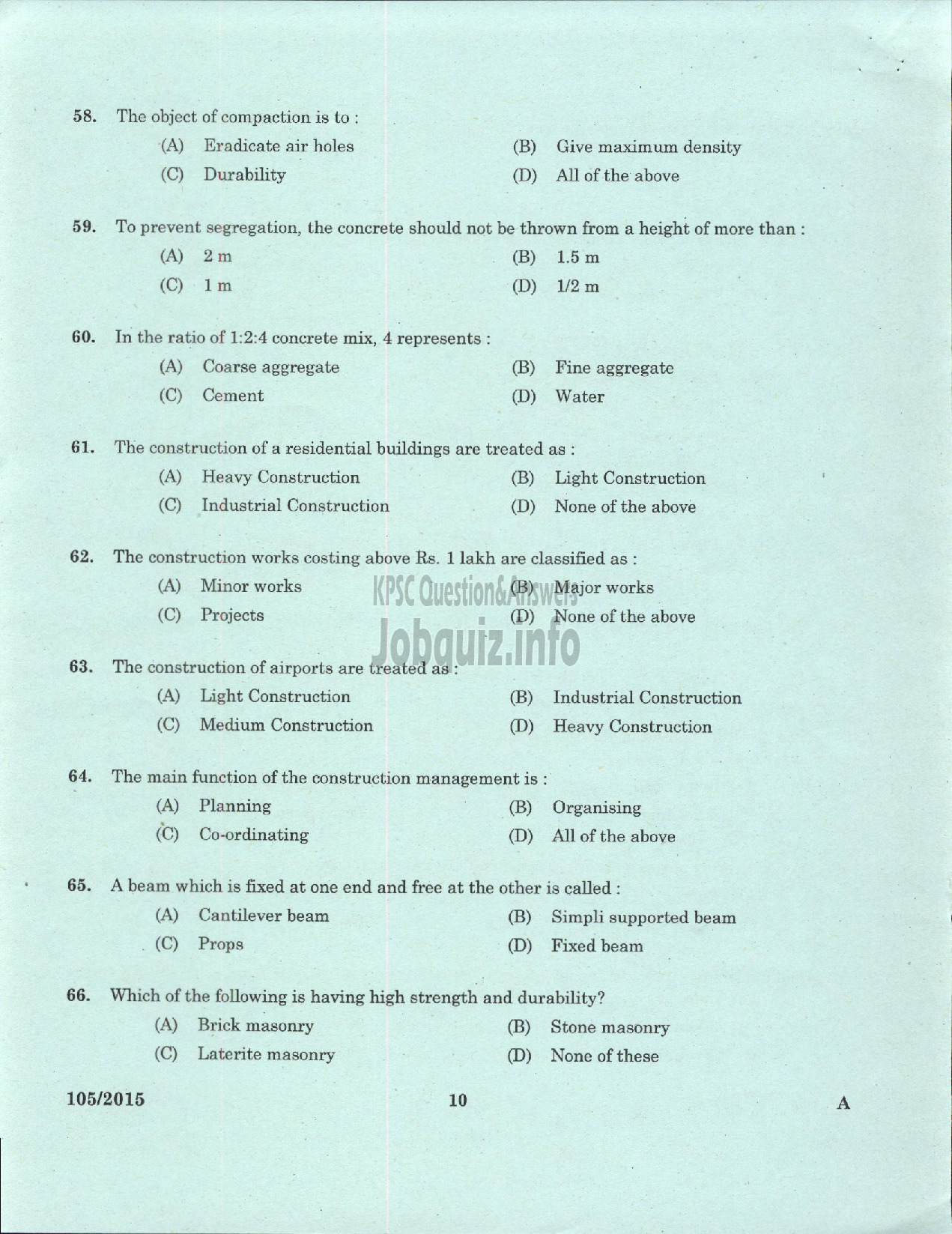 Kerala PSC Question Paper - TRADESMAN POLICE MASONARY TELECOMMUNICAION-8