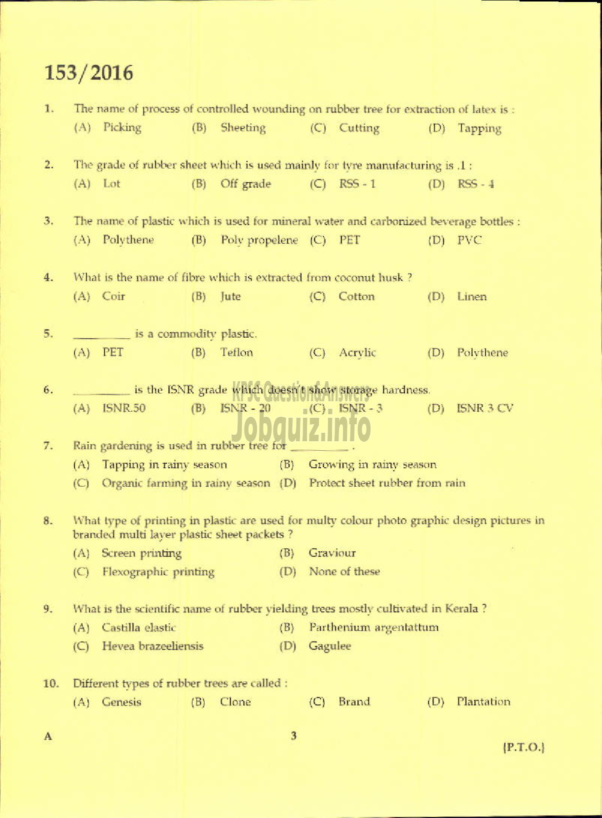 Kerala PSC Question Paper - TRADESMAN POLYMER TECHNOLOGY TECHNICAL EDUCATION-1