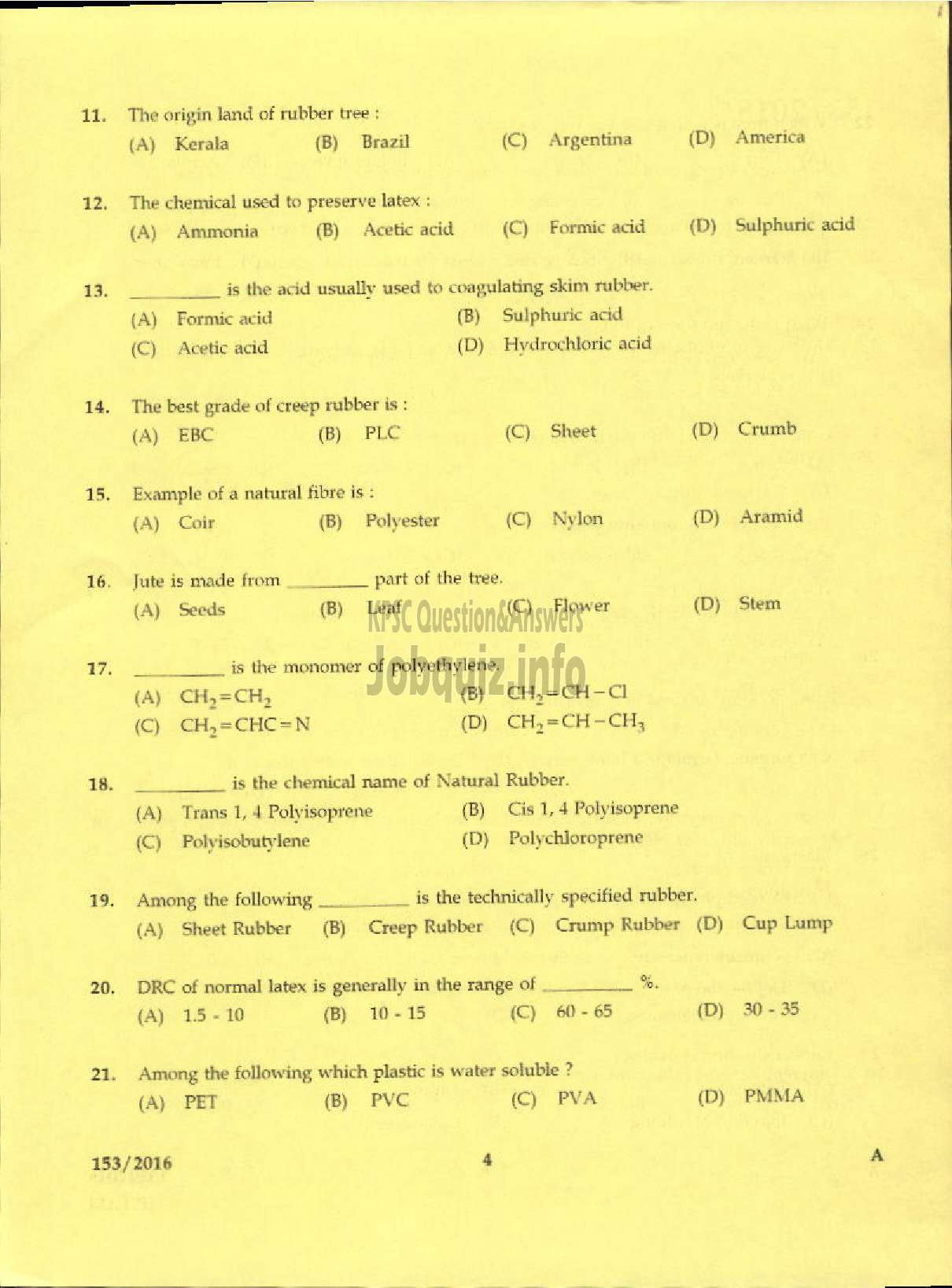 Kerala PSC Question Paper - TRADESMAN POLYMER TECHNOLOGY TECHNICAL EDUCATION-2