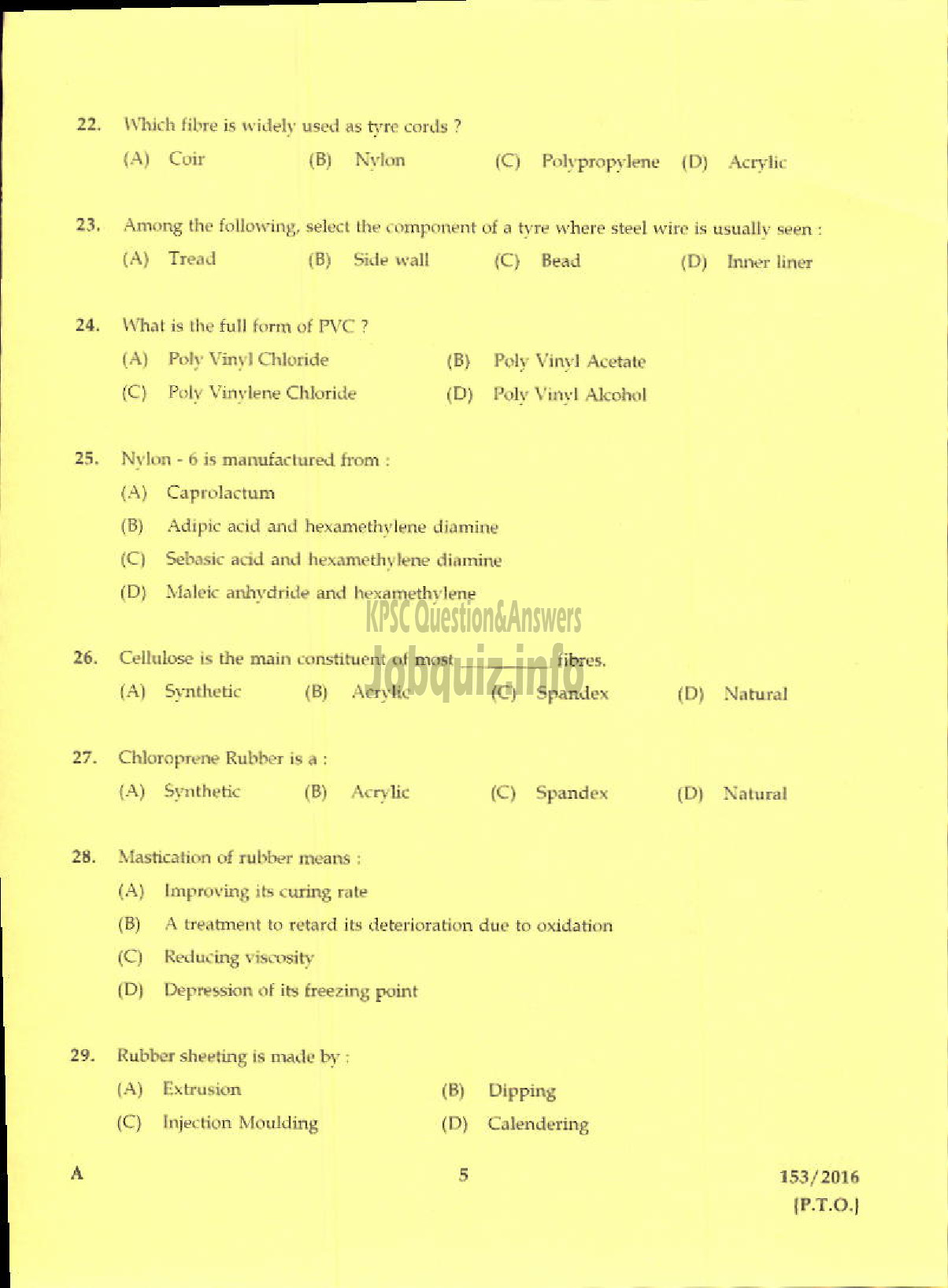 Kerala PSC Question Paper - TRADESMAN POLYMER TECHNOLOGY TECHNICAL EDUCATION-3