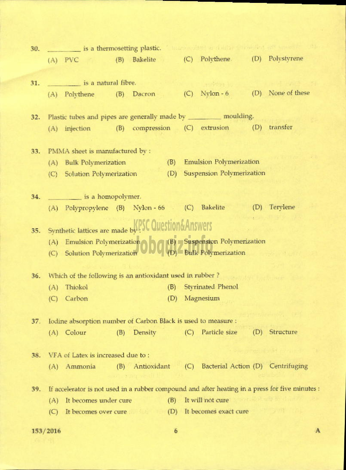 Kerala PSC Question Paper - TRADESMAN POLYMER TECHNOLOGY TECHNICAL EDUCATION-4