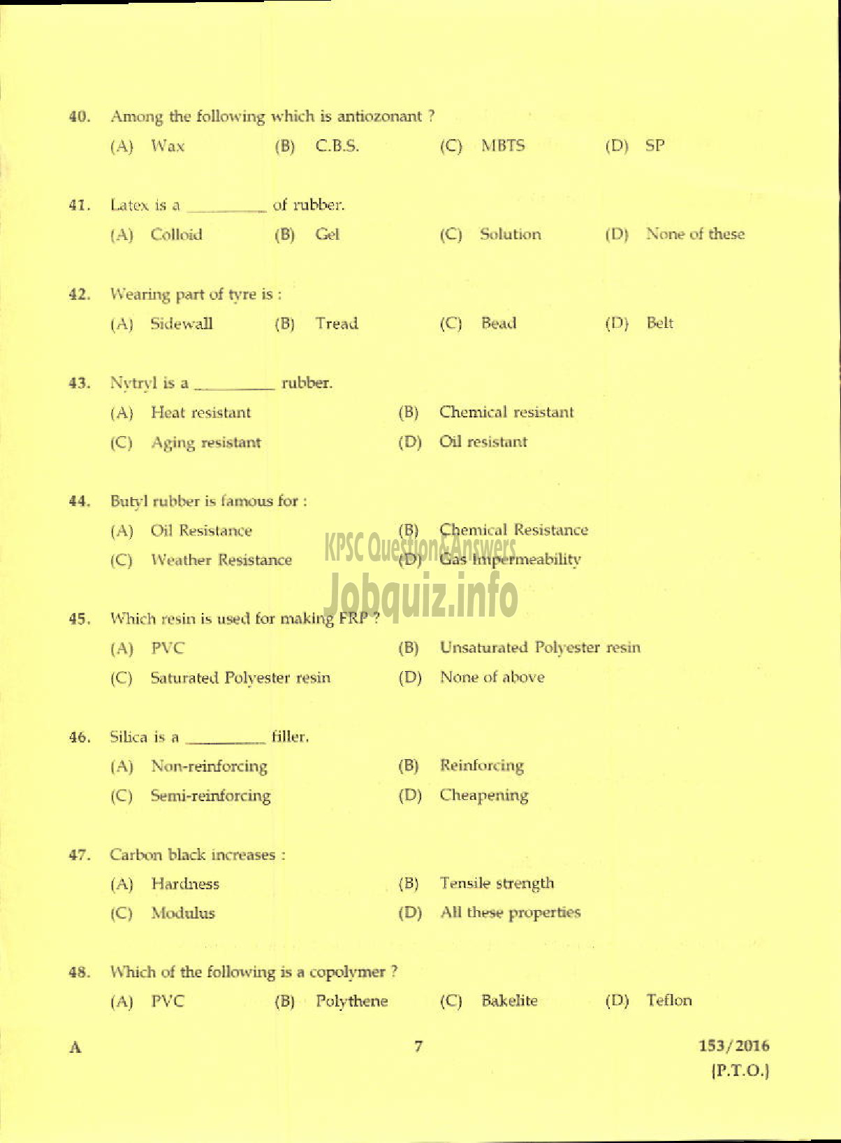 Kerala PSC Question Paper - TRADESMAN POLYMER TECHNOLOGY TECHNICAL EDUCATION-5