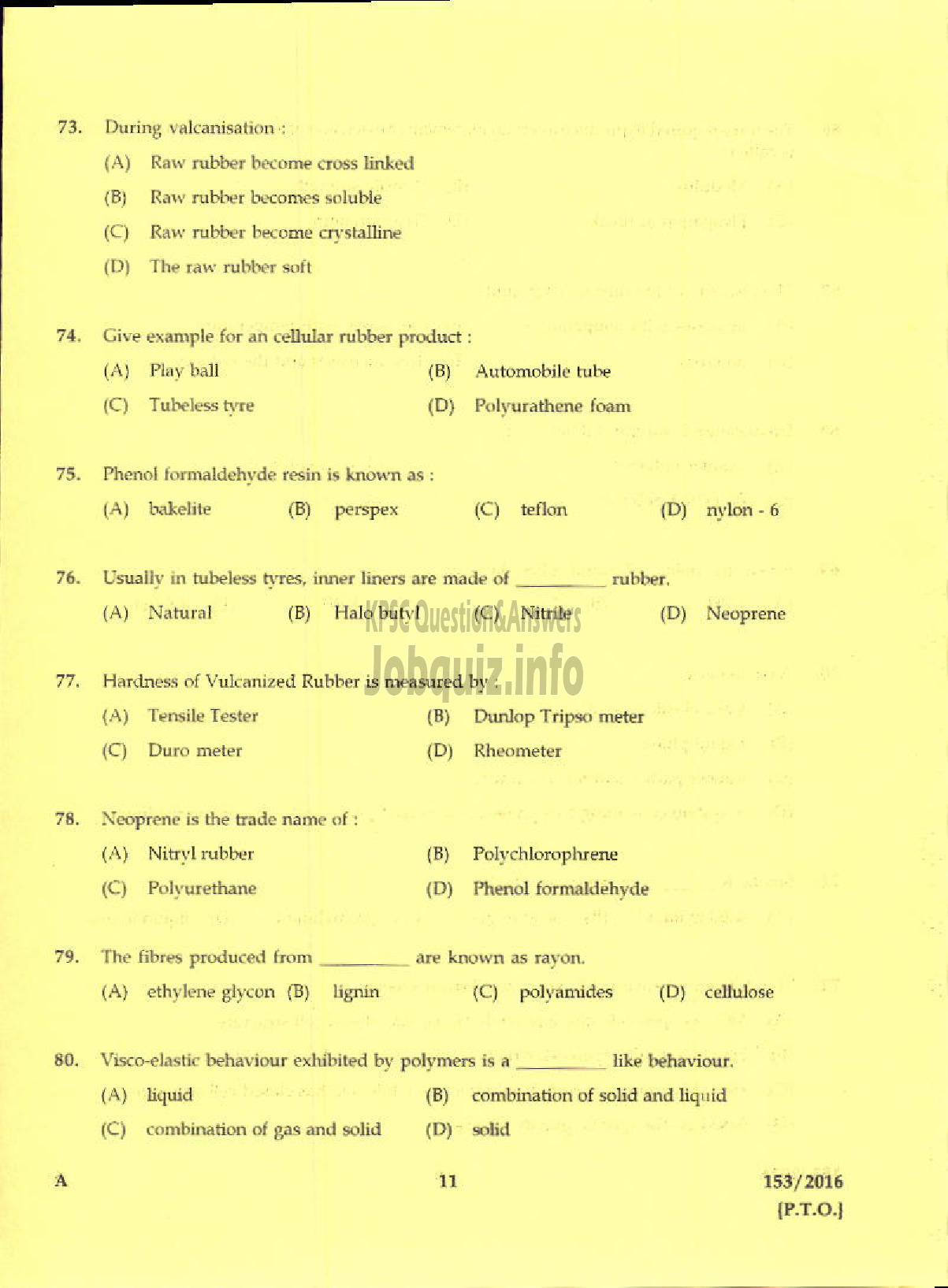 Kerala PSC Question Paper - TRADESMAN POLYMER TECHNOLOGY TECHNICAL EDUCATION-9