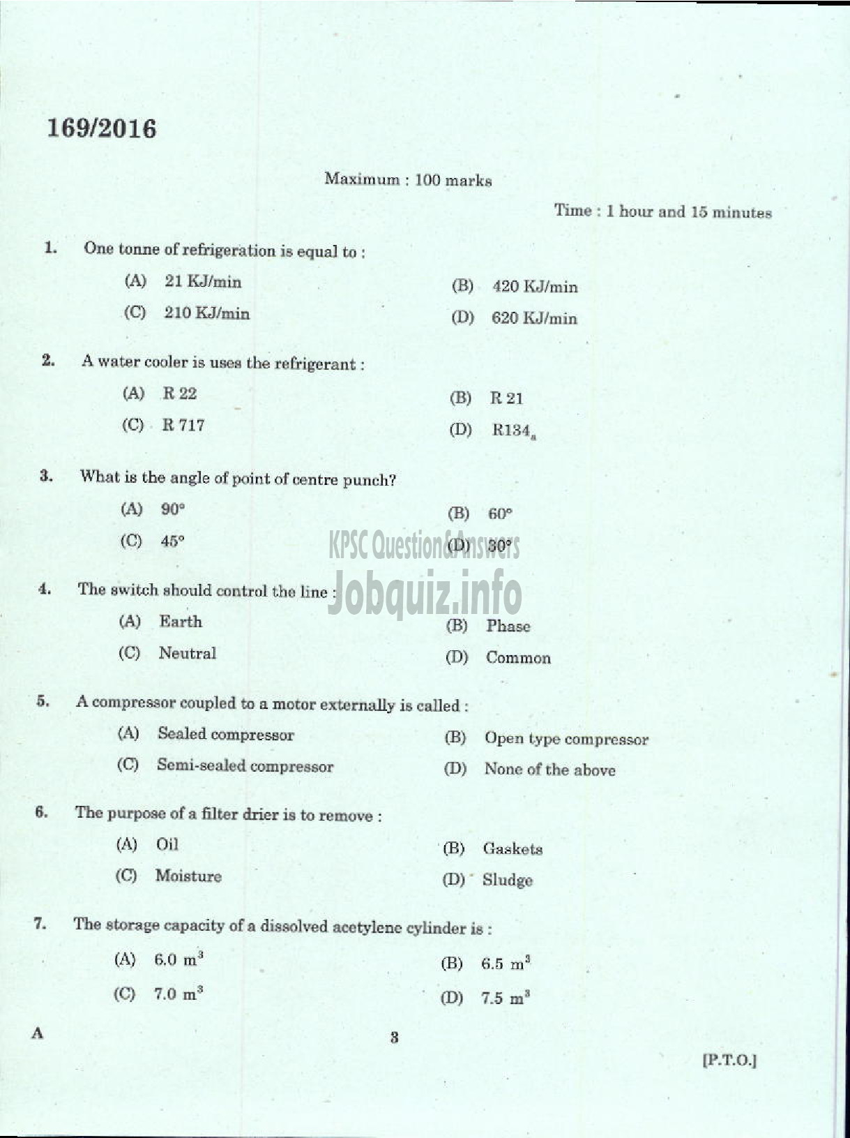 Kerala PSC Question Paper - TRADESMAN REFRIGERATION AND AIR CONDITIONING TECHNICAL EDUCATION-1