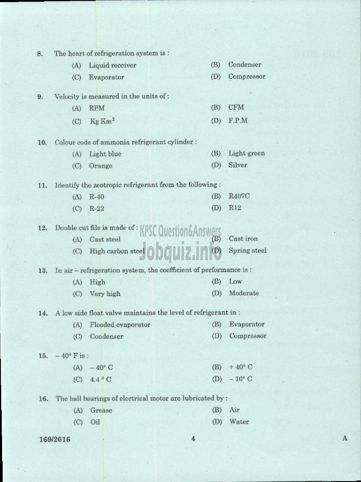 Kerala PSC Question Paper - TRADESMAN REFRIGERATION AND AIR CONDITIONING TECHNICAL EDUCATION-2