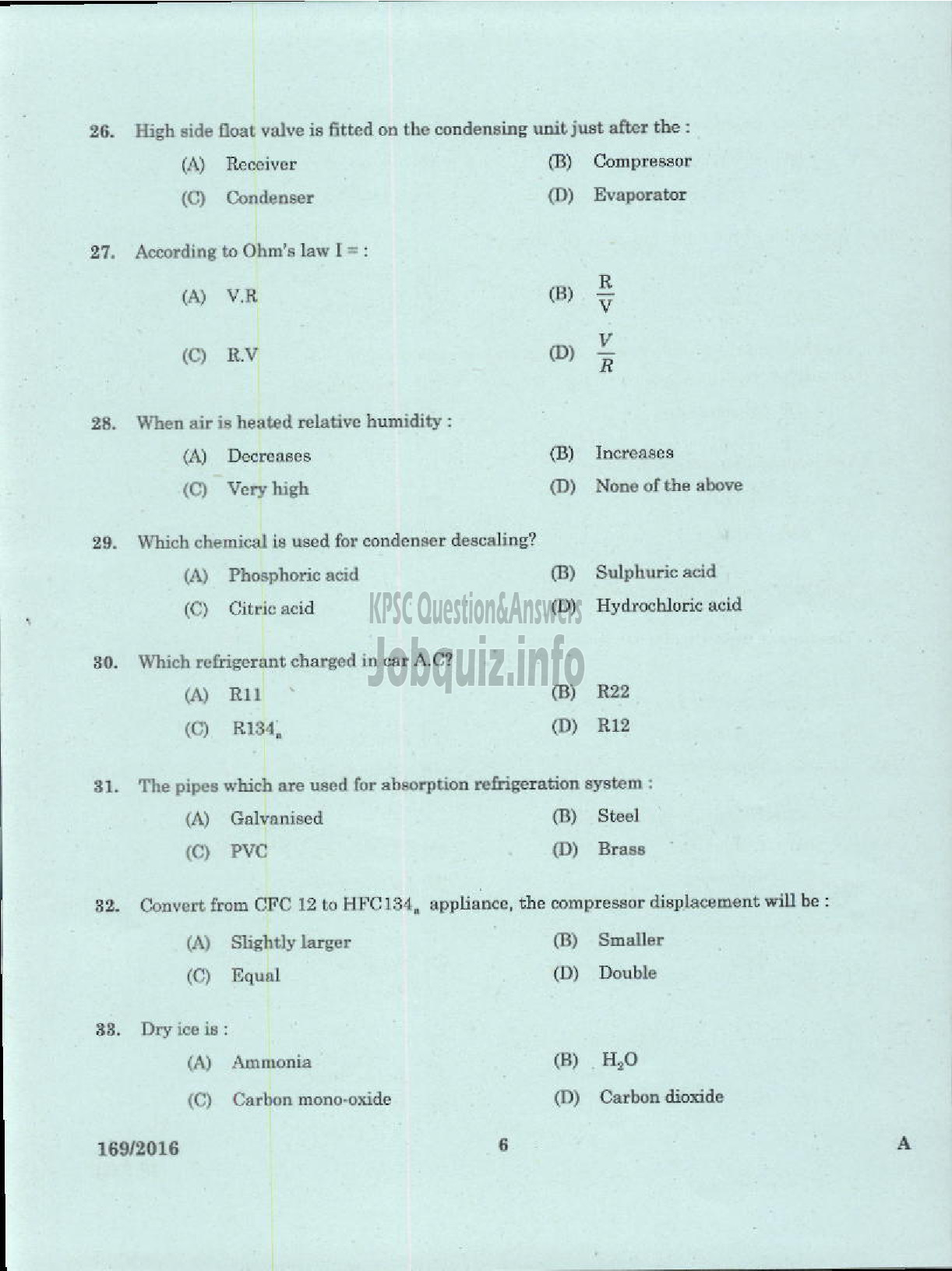 Kerala PSC Question Paper - TRADESMAN REFRIGERATION AND AIR CONDITIONING TECHNICAL EDUCATION-4