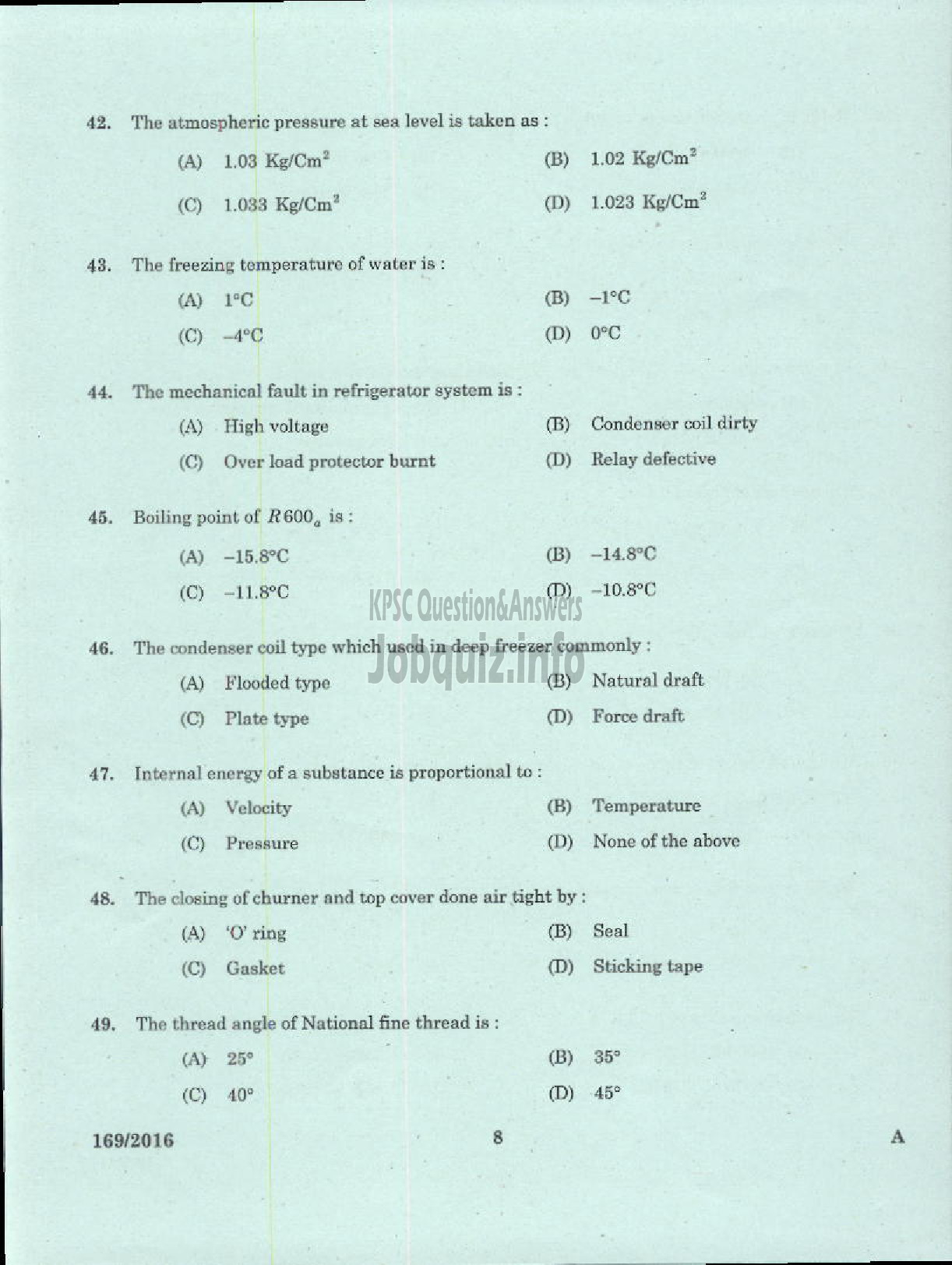 Kerala PSC Question Paper - TRADESMAN REFRIGERATION AND AIR CONDITIONING TECHNICAL EDUCATION-6