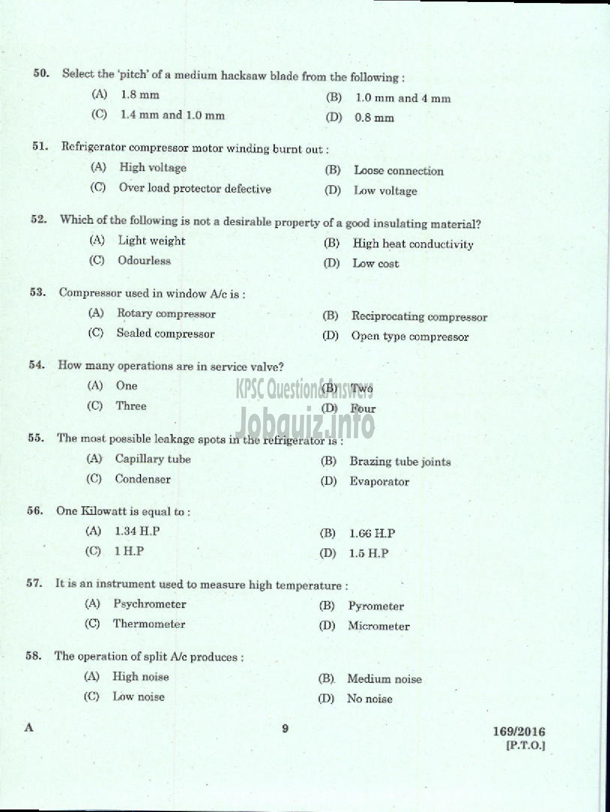 Kerala PSC Question Paper - TRADESMAN REFRIGERATION AND AIR CONDITIONING TECHNICAL EDUCATION-7