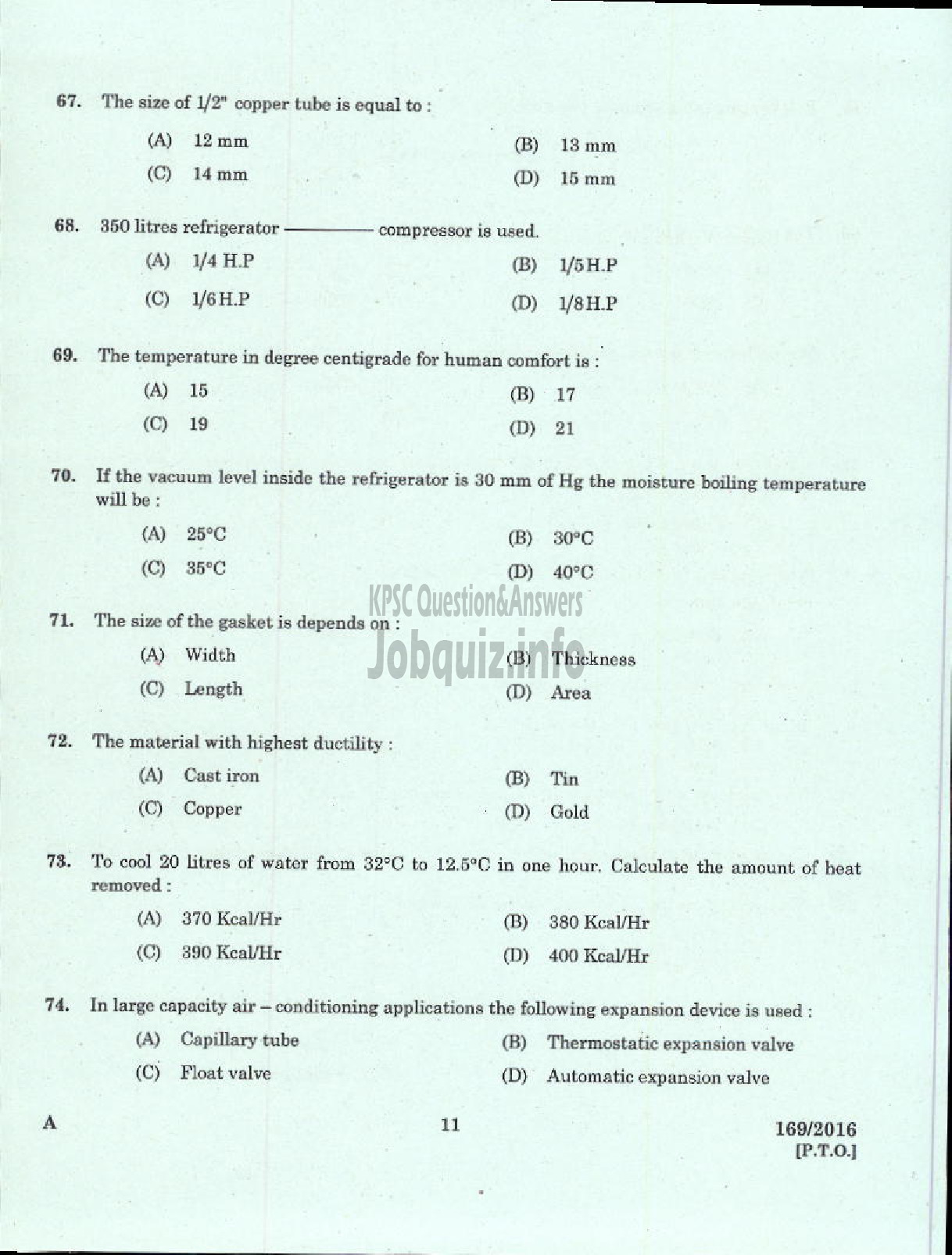 Kerala PSC Question Paper - TRADESMAN REFRIGERATION AND AIR CONDITIONING TECHNICAL EDUCATION-9