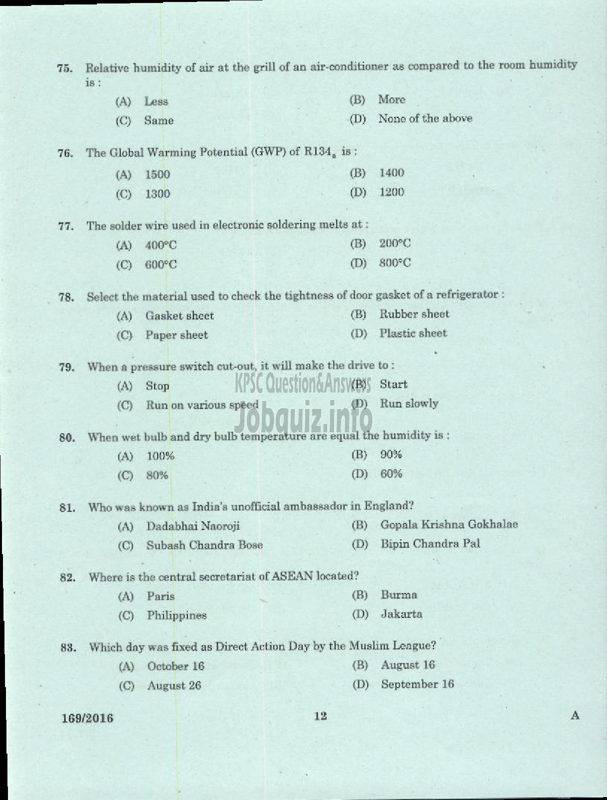 Kerala PSC Question Paper - TRADESMAN REFRIGERATION AND AIR CONDITIONING TECHNICAL EDUCATION-10