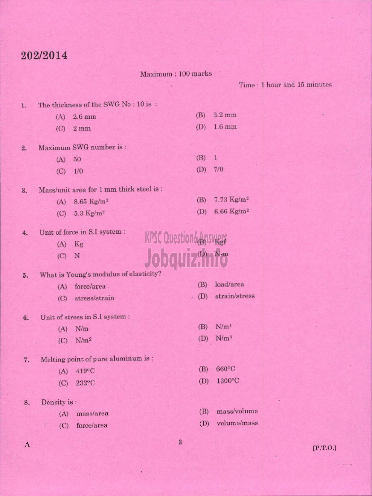 Kerala PSC Question Paper - TRADESMAN SHEET METAL ENGINEERING TECHNICAL EDUCATION TVM PTA IDK WYD AND KGD-1