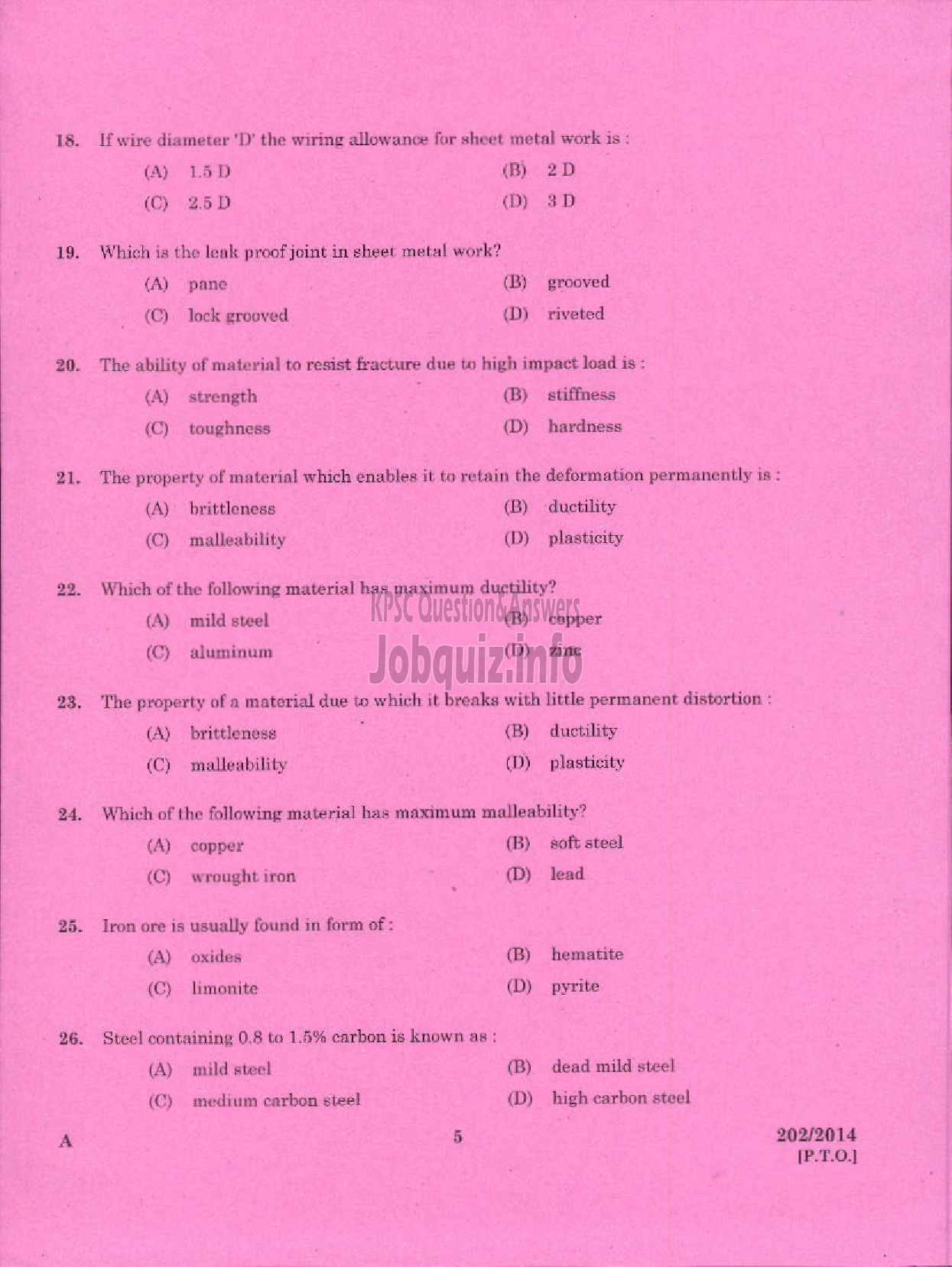 Kerala PSC Question Paper - TRADESMAN SHEET METAL ENGINEERING TECHNICAL EDUCATION TVM PTA IDK WYD AND KGD-3