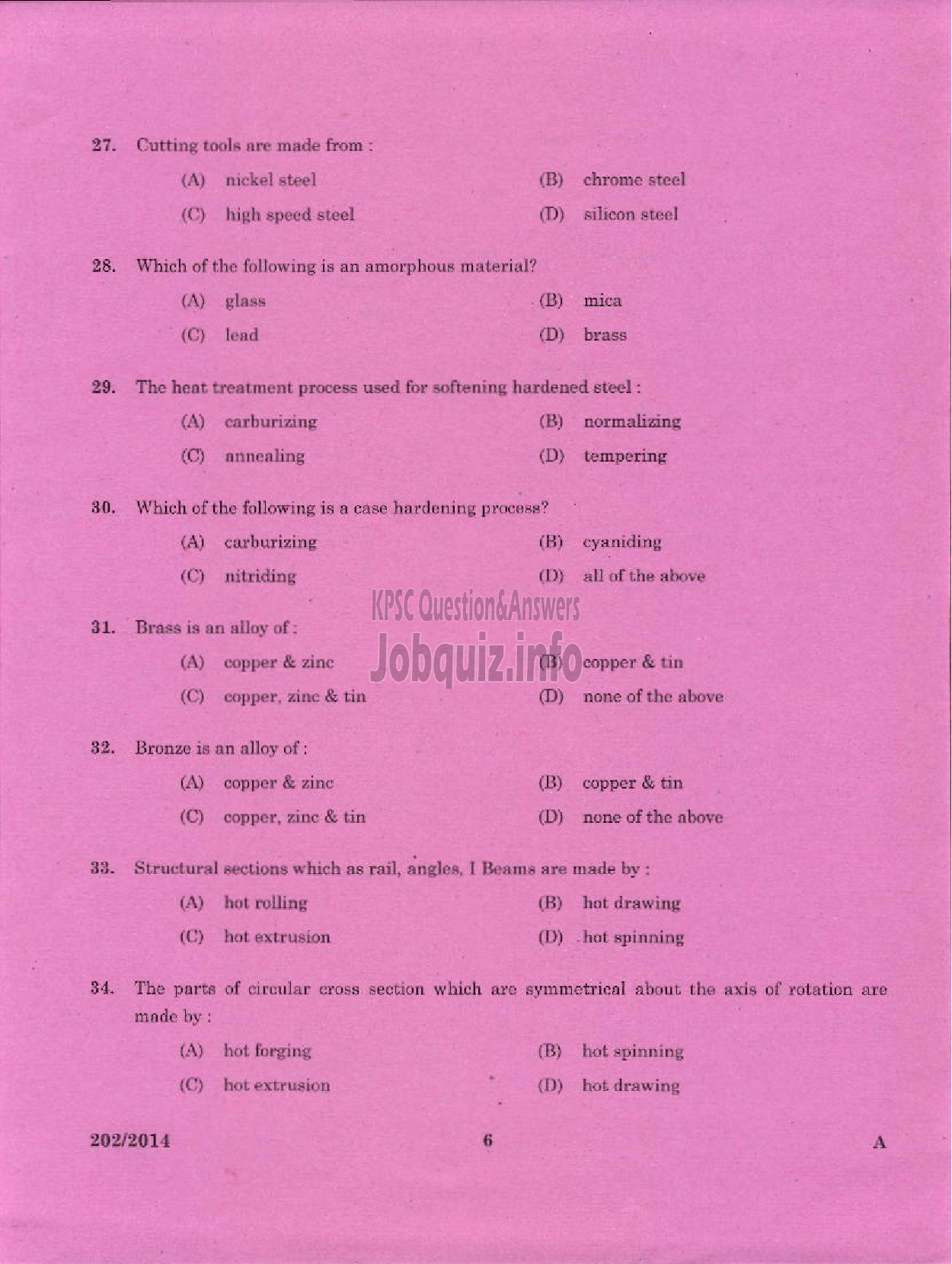 Kerala PSC Question Paper - TRADESMAN SHEET METAL ENGINEERING TECHNICAL EDUCATION TVM PTA IDK WYD AND KGD-4