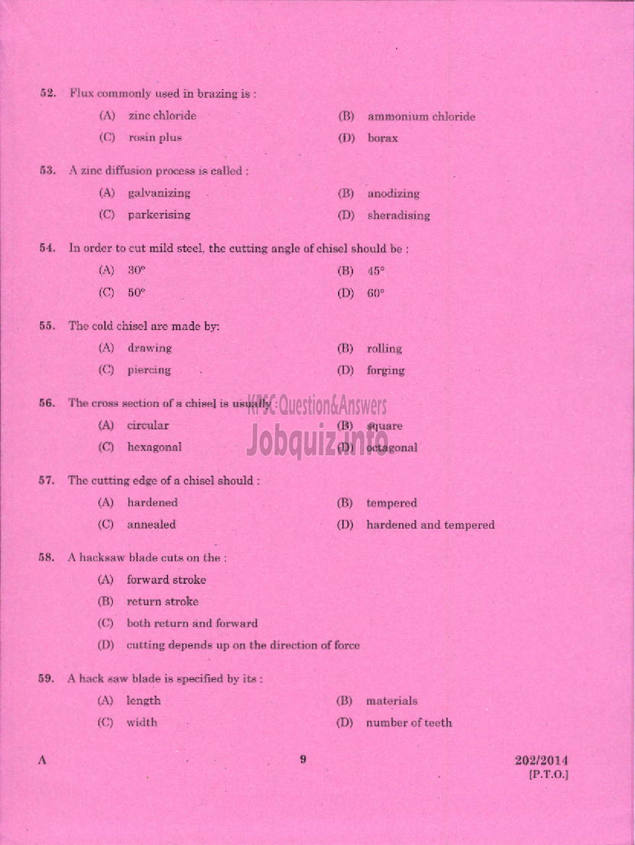 Kerala PSC Question Paper - TRADESMAN SHEET METAL ENGINEERING TECHNICAL EDUCATION TVM PTA IDK WYD AND KGD-7