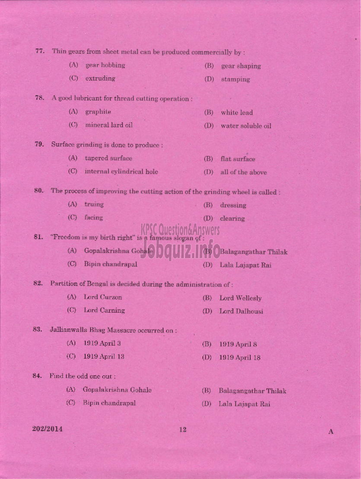 Kerala PSC Question Paper - TRADESMAN SHEET METAL ENGINEERING TECHNICAL EDUCATION TVM PTA IDK WYD AND KGD-10