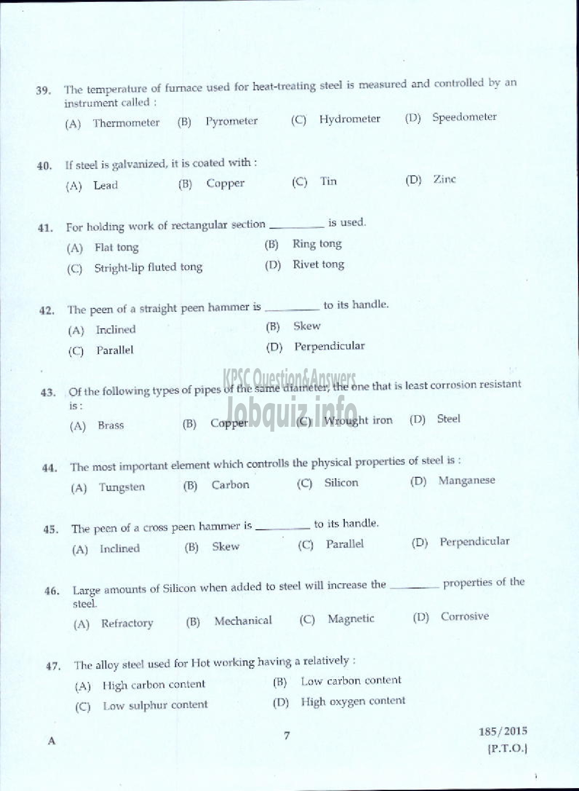 Kerala PSC Question Paper - TRADESMAN SMITHY FORGING AND HEAT TREATING TECHNICAL EDUCATION-3