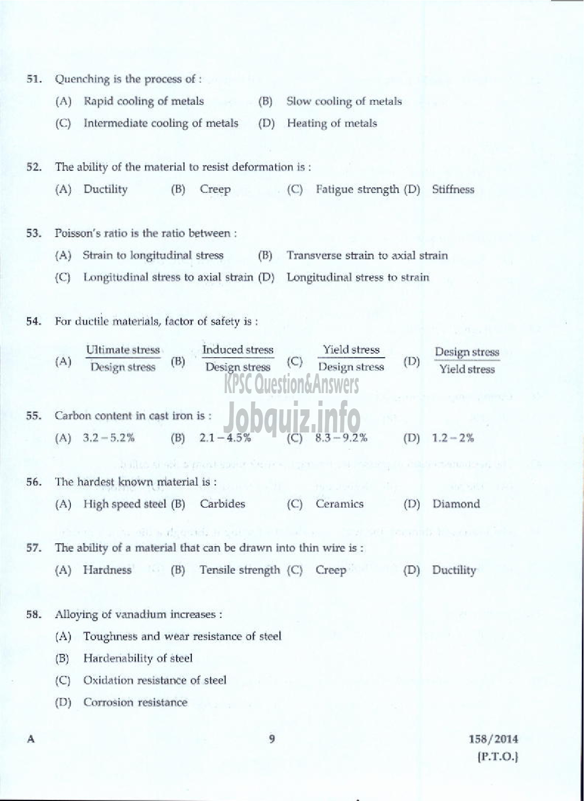 Kerala PSC Question Paper - TRADESMAN SMITHY FORGING AND HEAT TREATING TECHNICAL EDUCATION KTM AND KKD-7