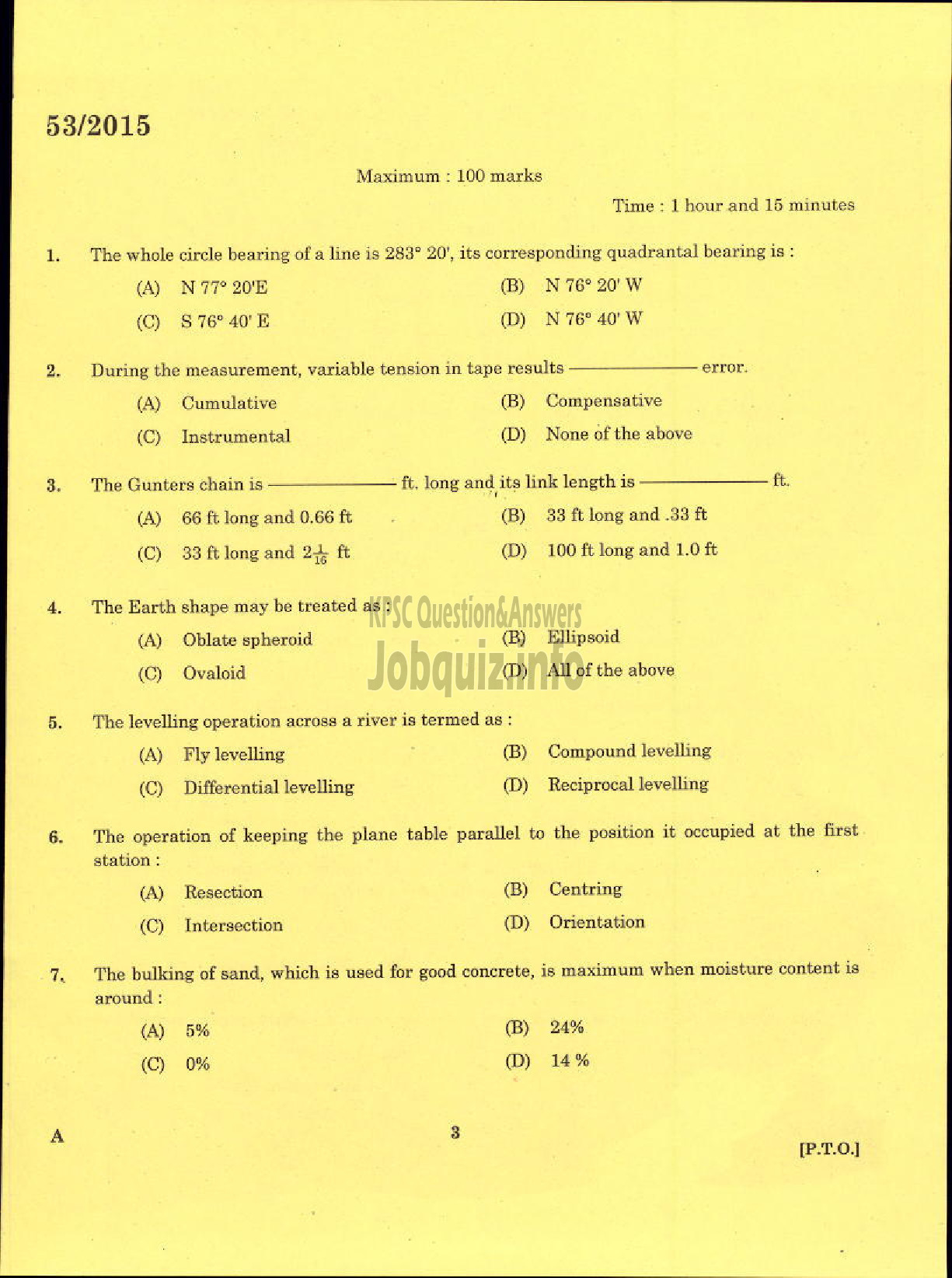 Kerala PSC Question Paper - TRADESMAN SURVEY TECHNICAL EDUCATION TVM-1