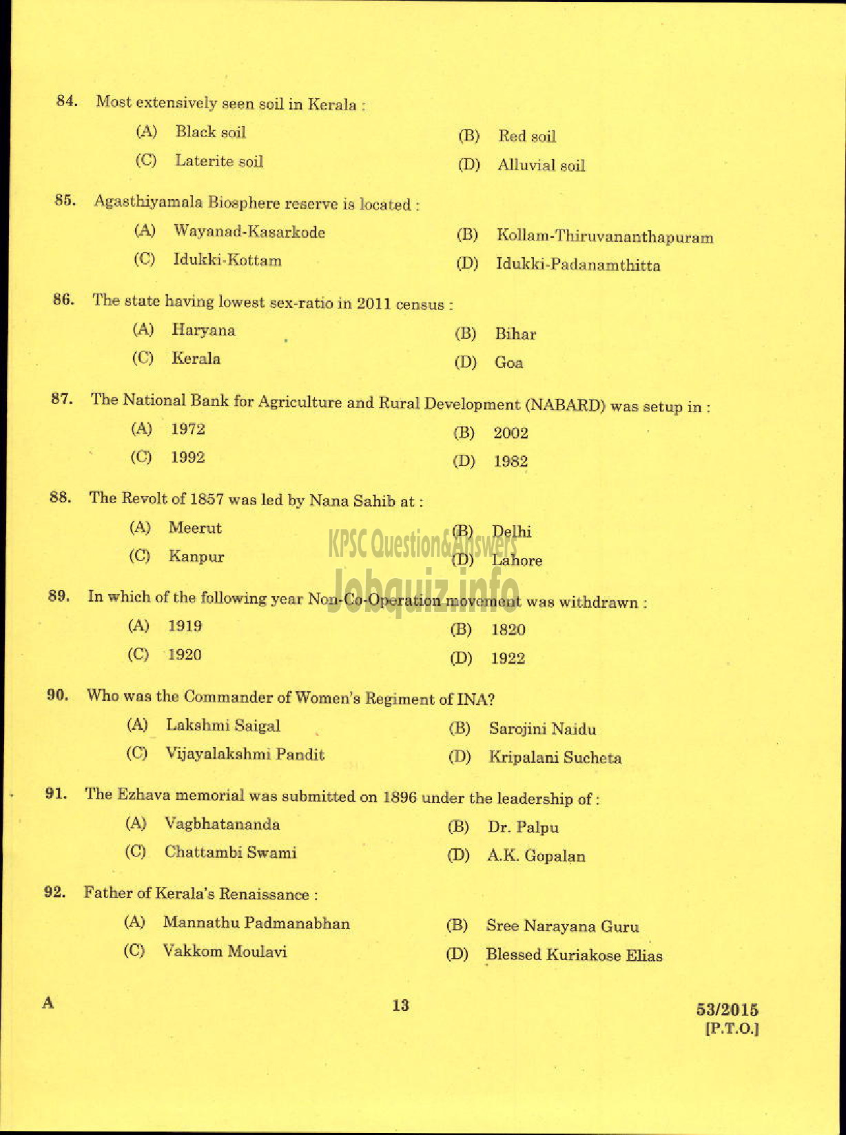 Kerala PSC Question Paper - TRADESMAN SURVEY TECHNICAL EDUCATION TVM-11