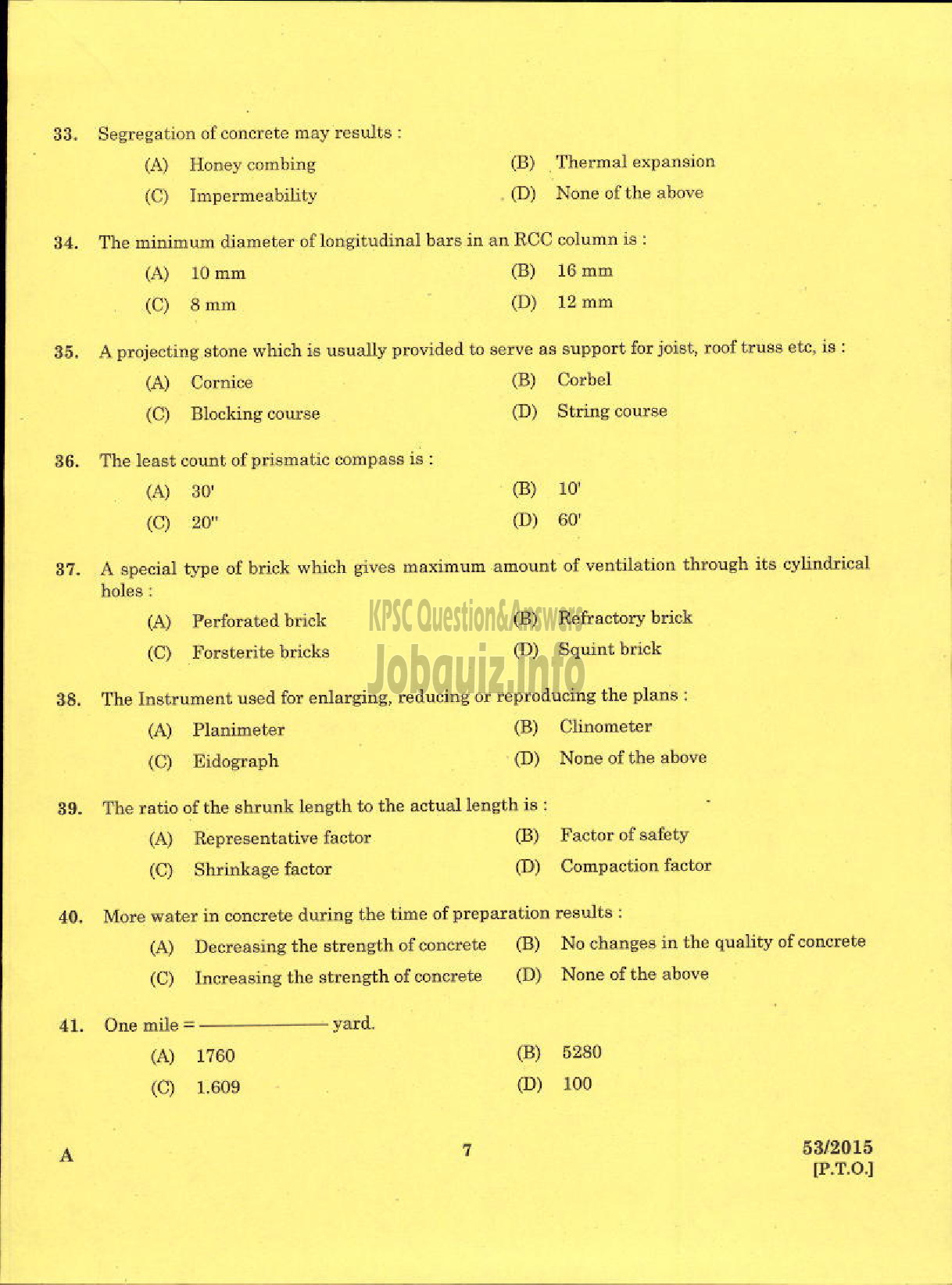 Kerala PSC Question Paper - TRADESMAN SURVEY TECHNICAL EDUCATION TVM-5