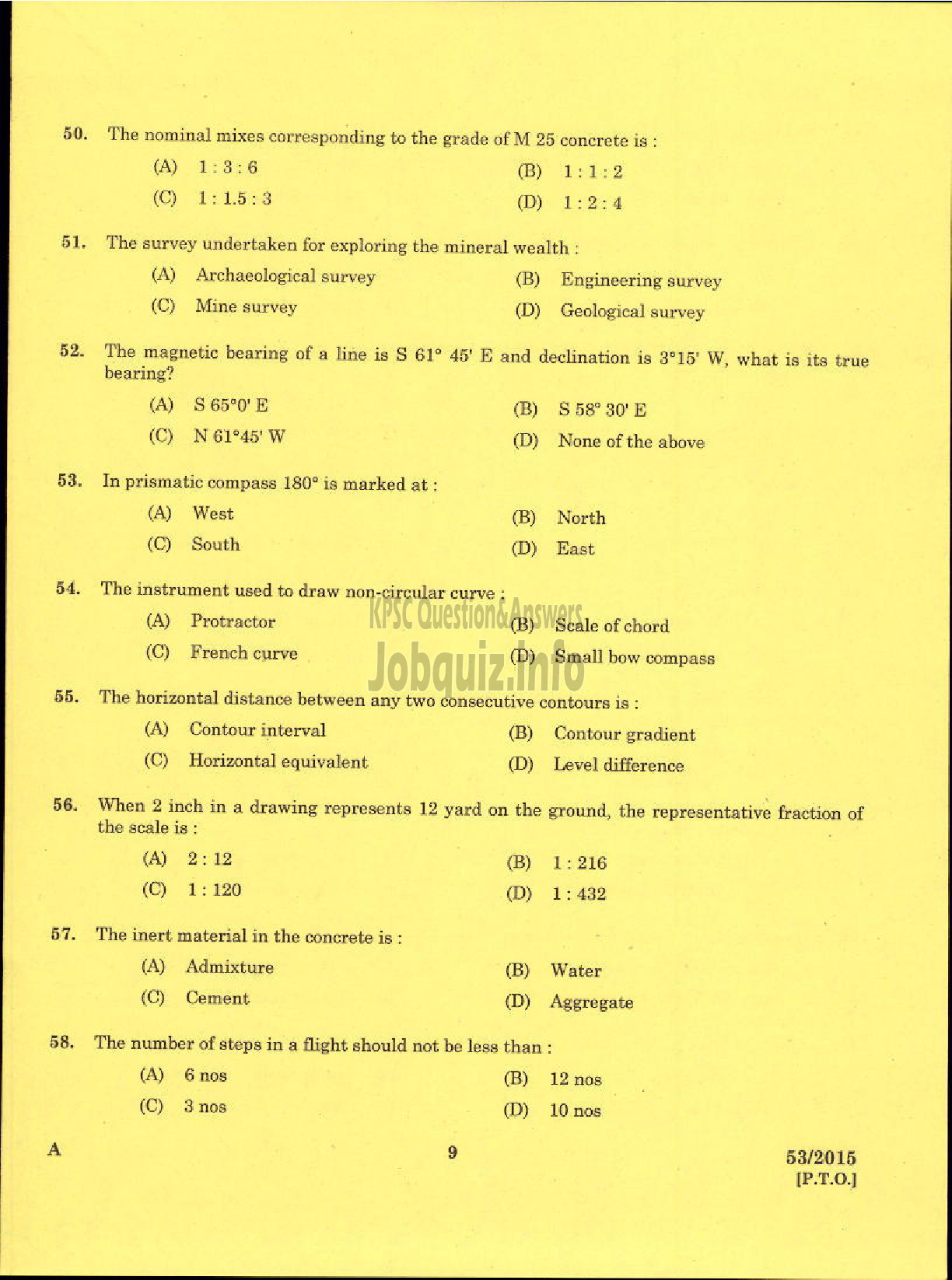 Kerala PSC Question Paper - TRADESMAN SURVEY TECHNICAL EDUCATION TVM-7